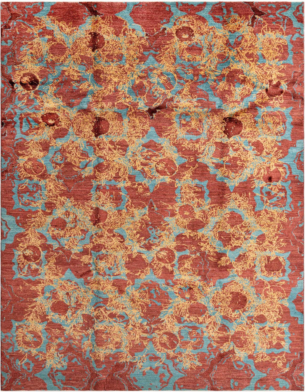 A handmade rectangular Anar rug featuring a distressed Persian pattern in shades of red, gold, and teal.