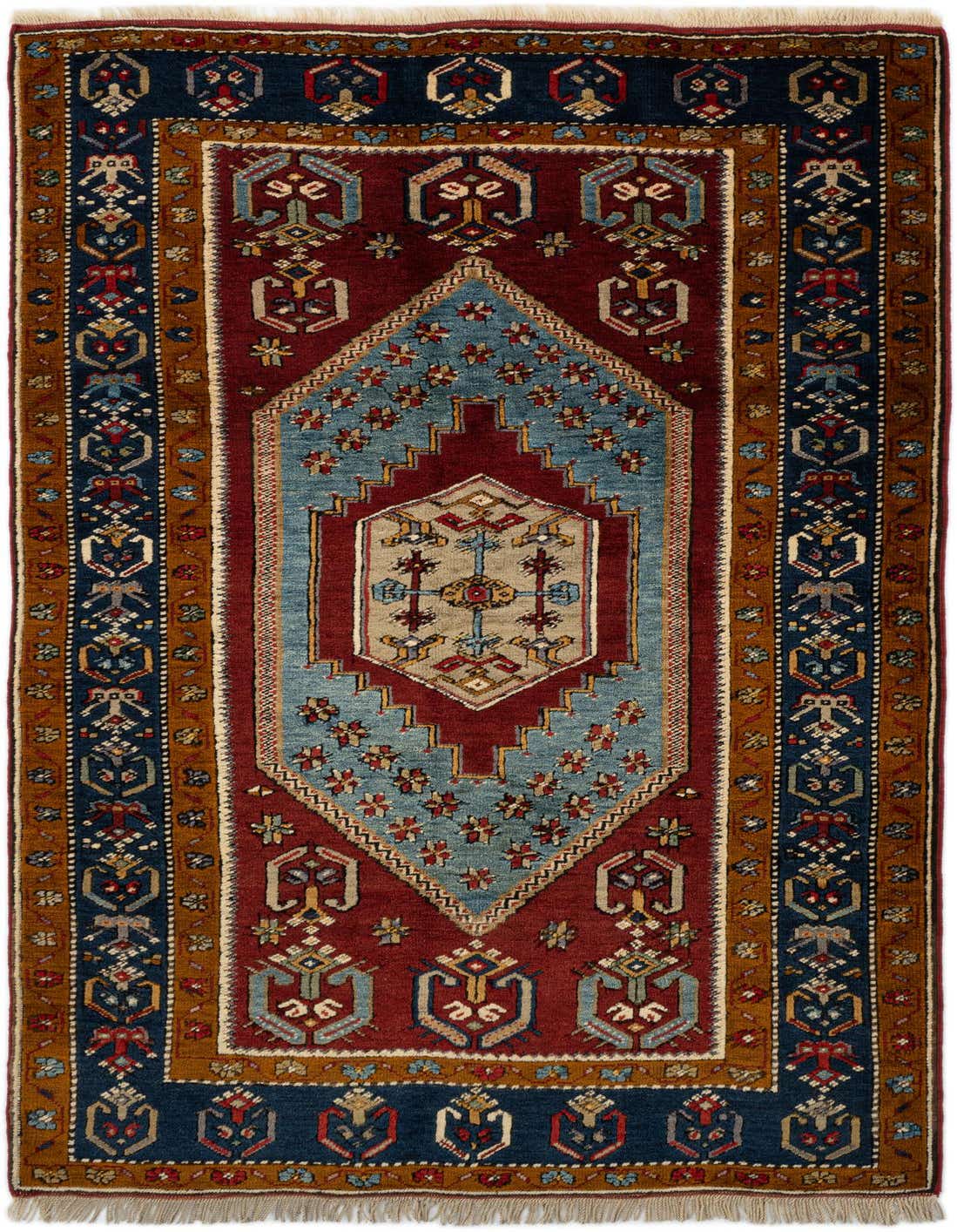A 4x6 rectangular Anatolian wool rug featuring a traditional medallion pattern in reds, blues, and gold.