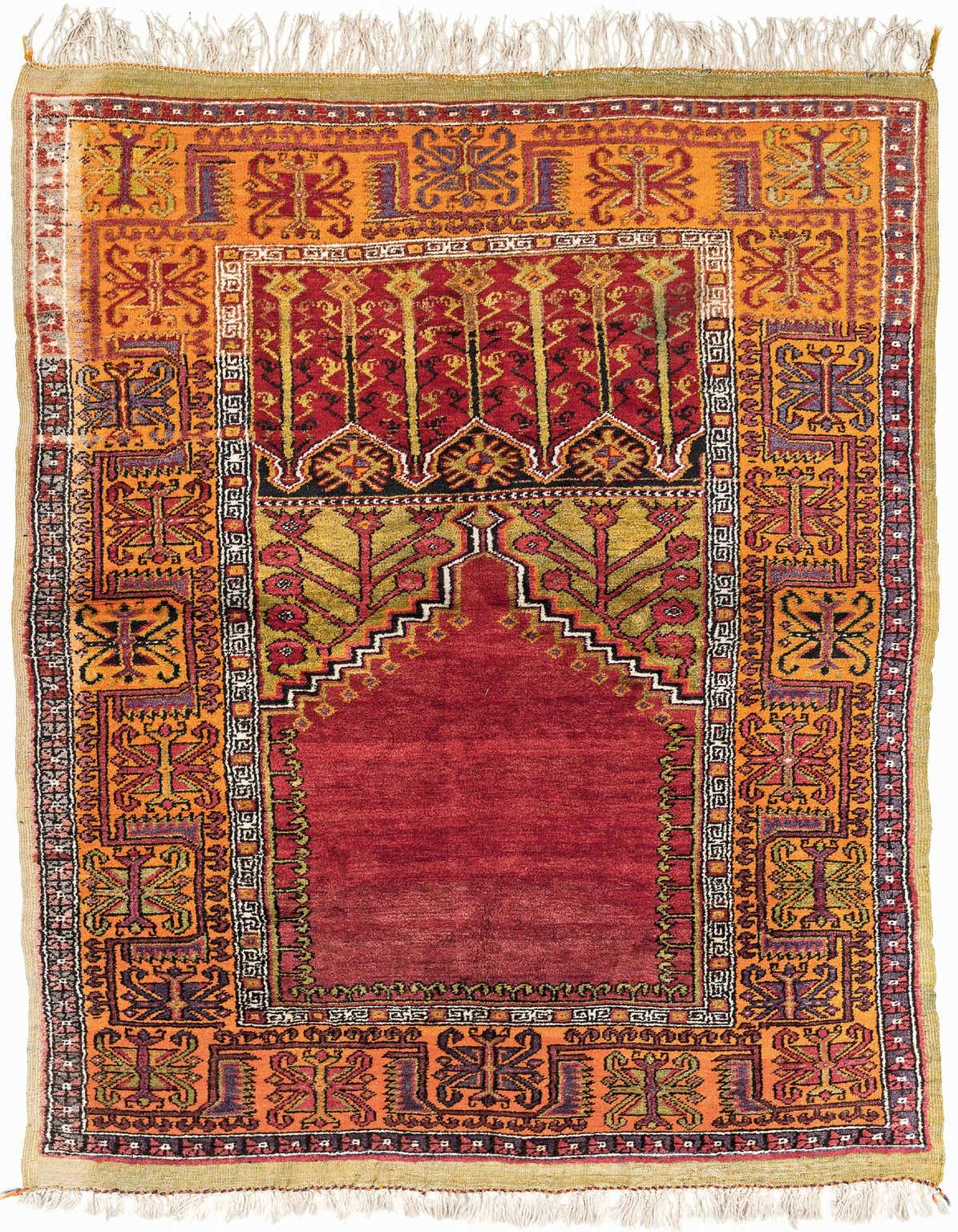 A 5x8 rectangular Anatolian rug featuring a rich red field with an intricate medallion and traditional patterns in gold, orange, and black.