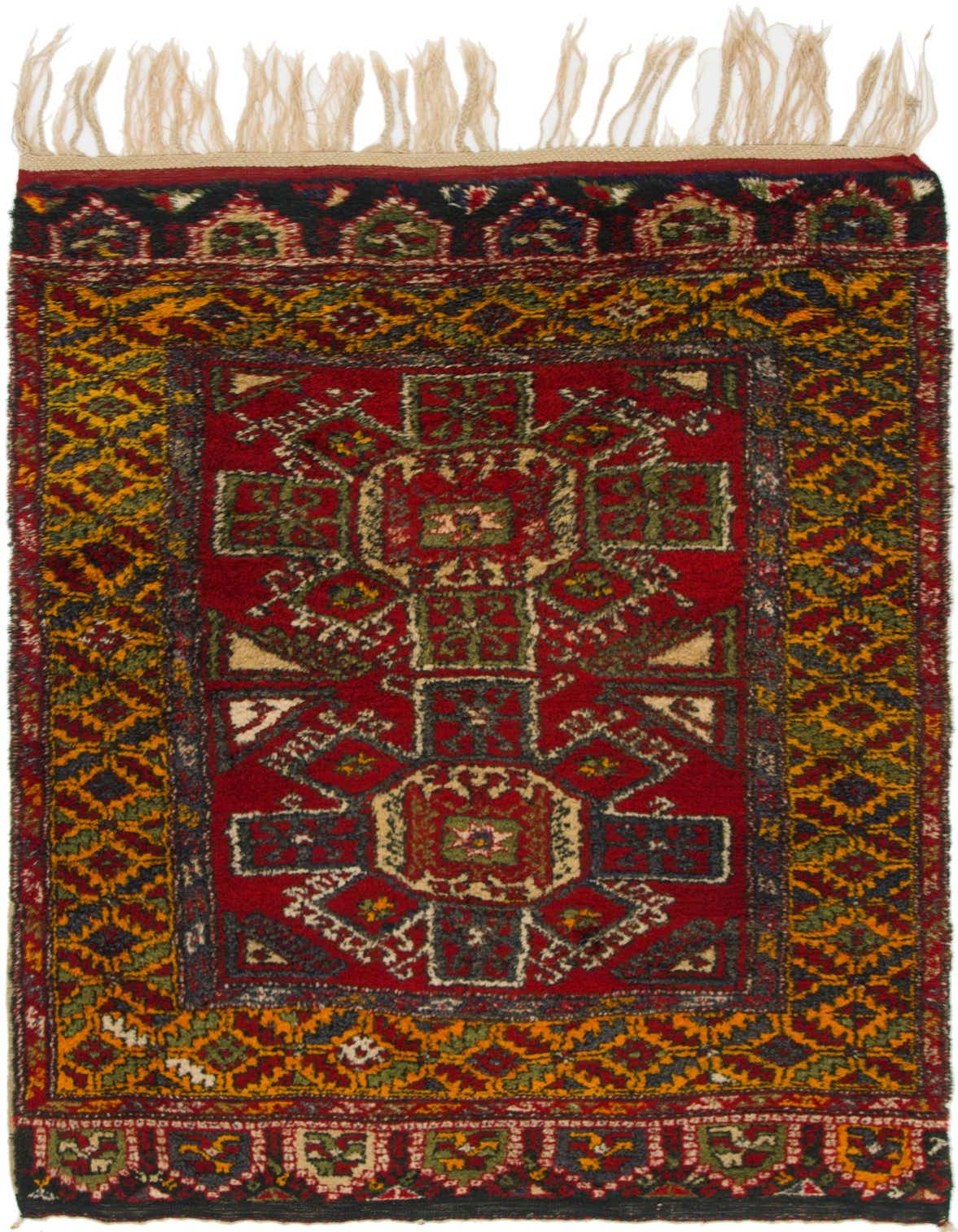 A 4x6 rectangular Anatolian rug with a traditional tribal medallion pattern in rich reds, gold, green, and blue, featuring fringes.