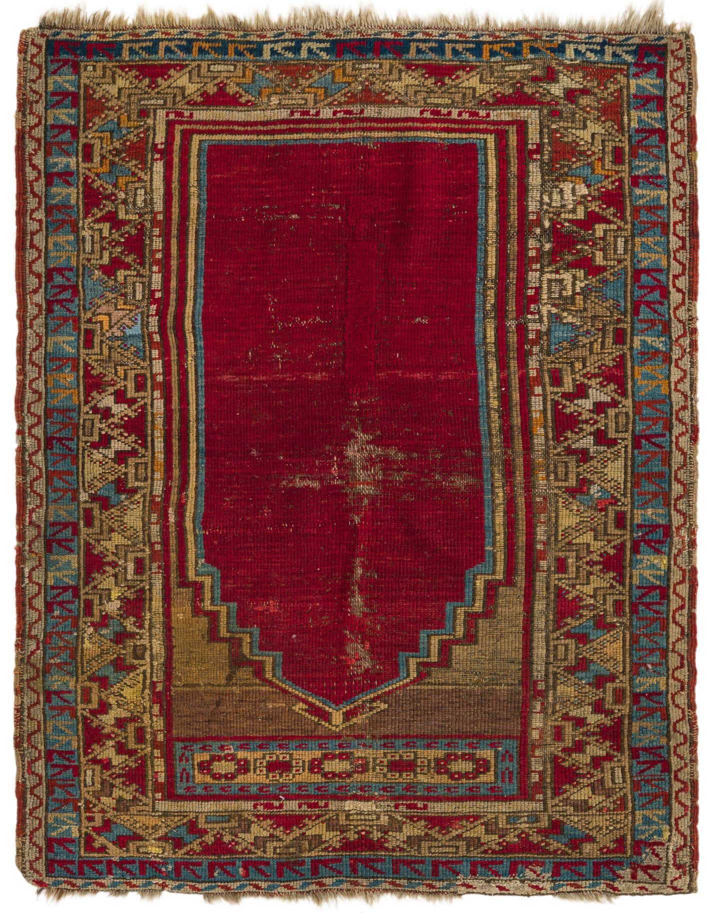 A 3x4 rectangular Anatolian wool rug in deep red with intricate transitional and oriental patterns in gold, blue, and brown.