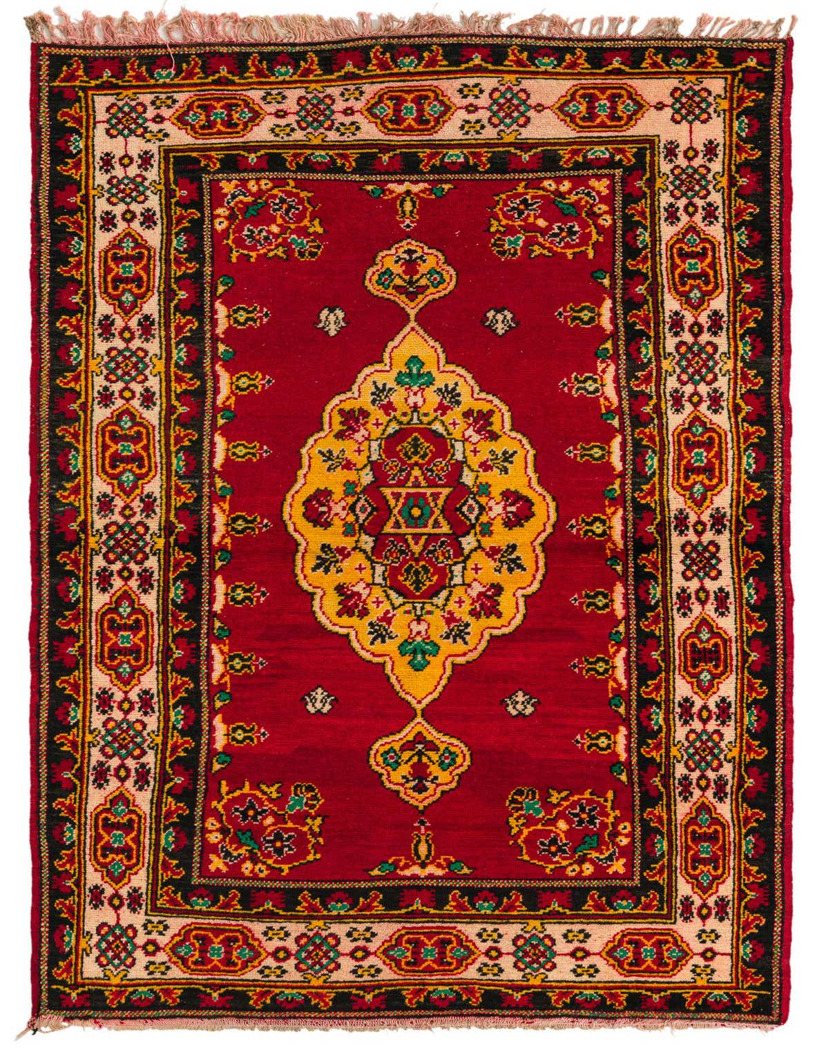 A 4x6 rectangular red Anatolian wool rug with a vibrant yellow medallion and intricate floral border.