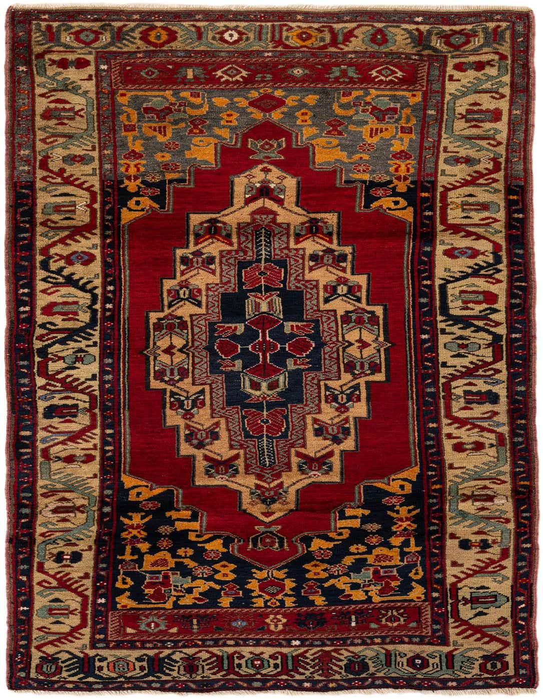 A 4x6 rectangular Anatolian Oriental rug with a deep red field, intricate navy, gold, and beige patterns, and a detailed border.