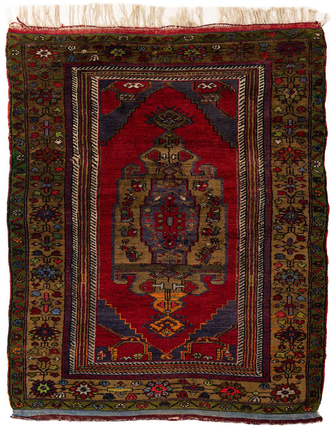 A 5x7 rectangular Anatolian wool rug featuring a red field with a central medallion and ornate traditional patterns, framed by a multi-colored border.