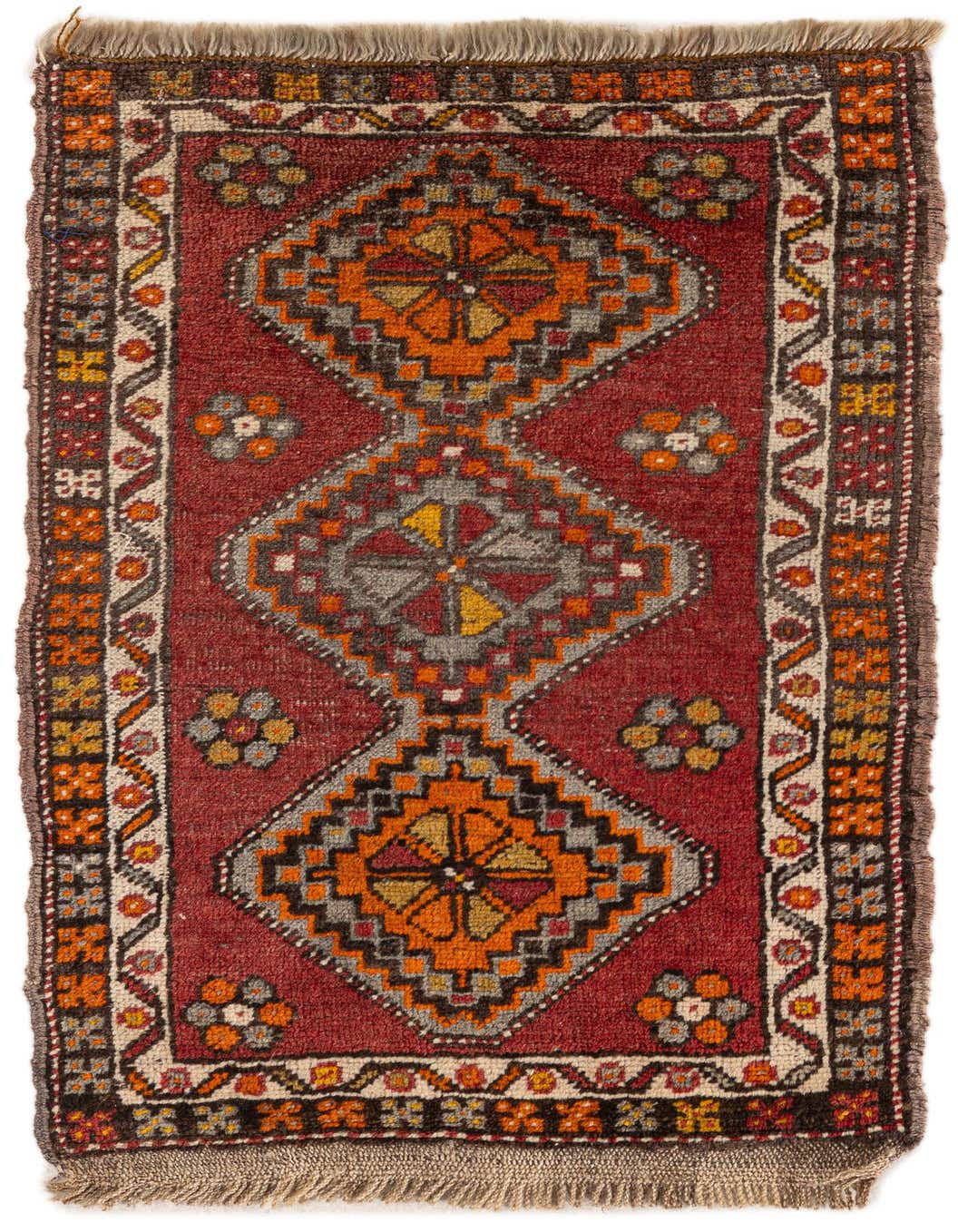 A 2x3 rectangular Anatolian wool rug featuring a traditional Oriental pattern in shades of red, orange, and gray.