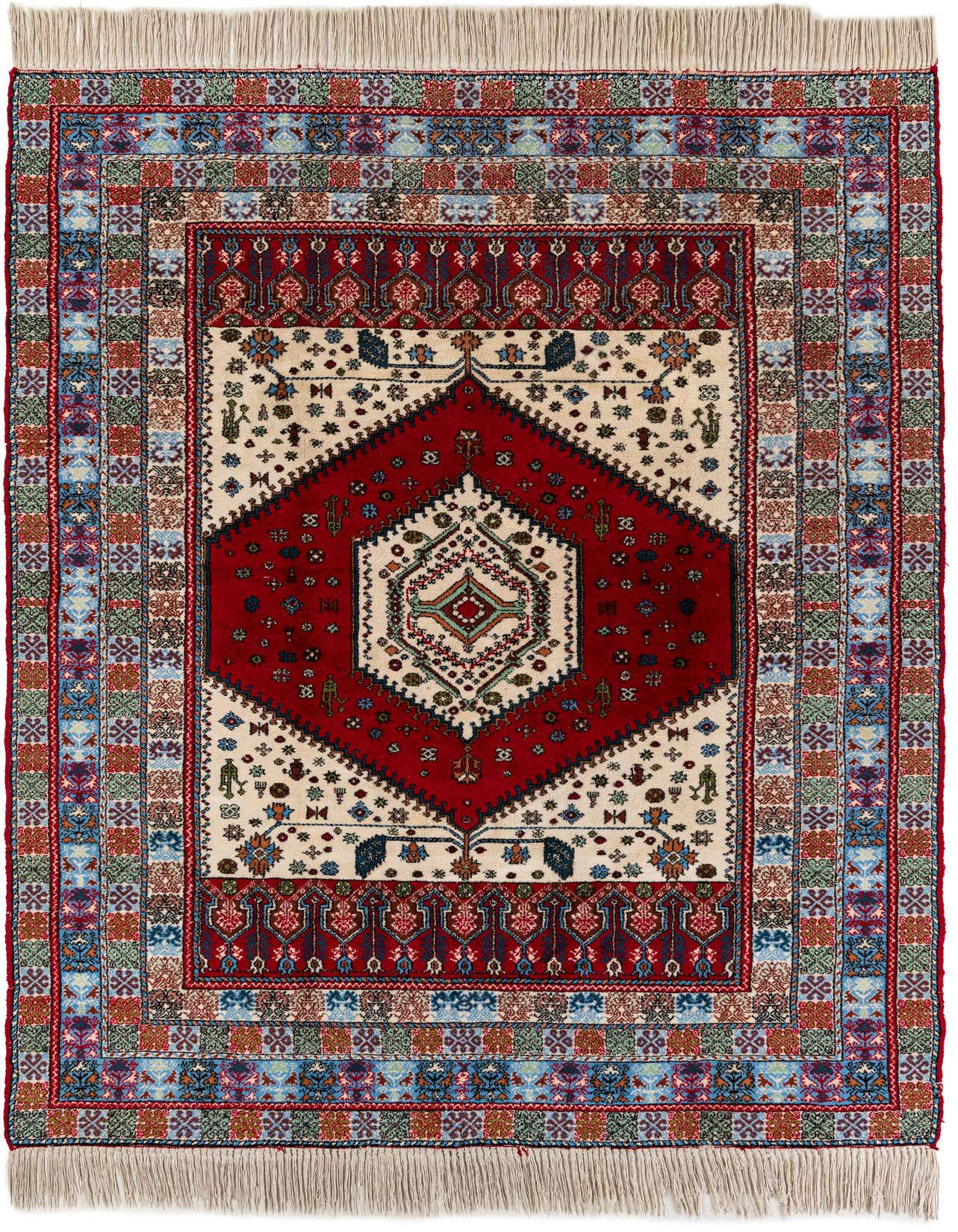 A 6x9 rectangular Anatolian wool rug featuring a large red medallion on a cream field, surrounded by intricate traditional patterns and borders in red, blue, green, and gold.