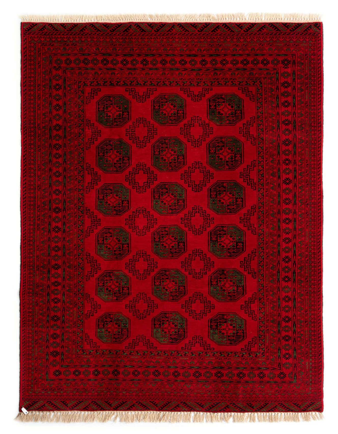 A 6x9 rectangular red Persian wool rug with intricate dark green and black geometric patterns and a fringed edge.