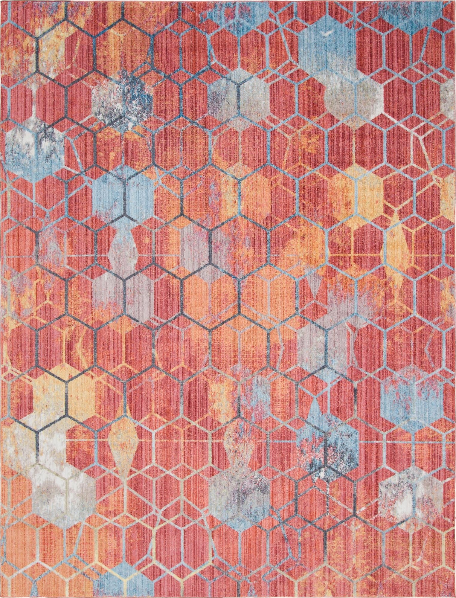 A 10x13 rectangular red area rug featuring a modern bohemian trellis pattern with distressed blue, orange, and gray accents.