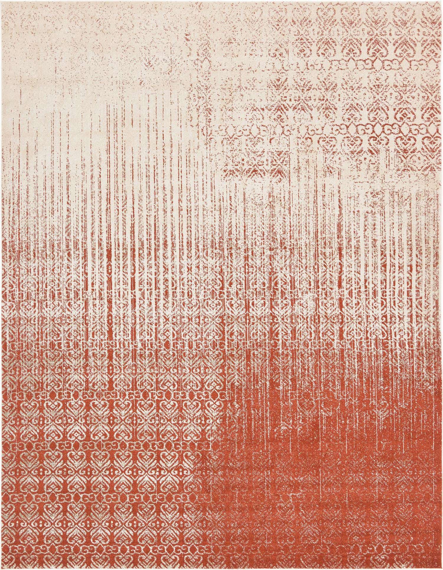 A 10x13 rectangular red transitional rug featuring a distressed abstract pattern that fades from light cream at the top to a rich red at the bottom.