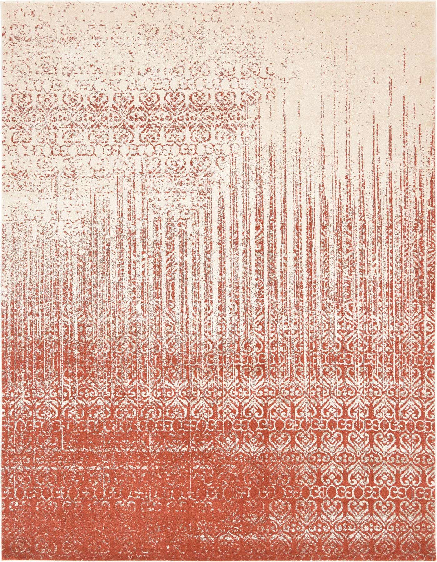 An 8x11 rectangular red and cream transitional rug with a distressed damask and abstract stripe pattern, suitable for a living room.