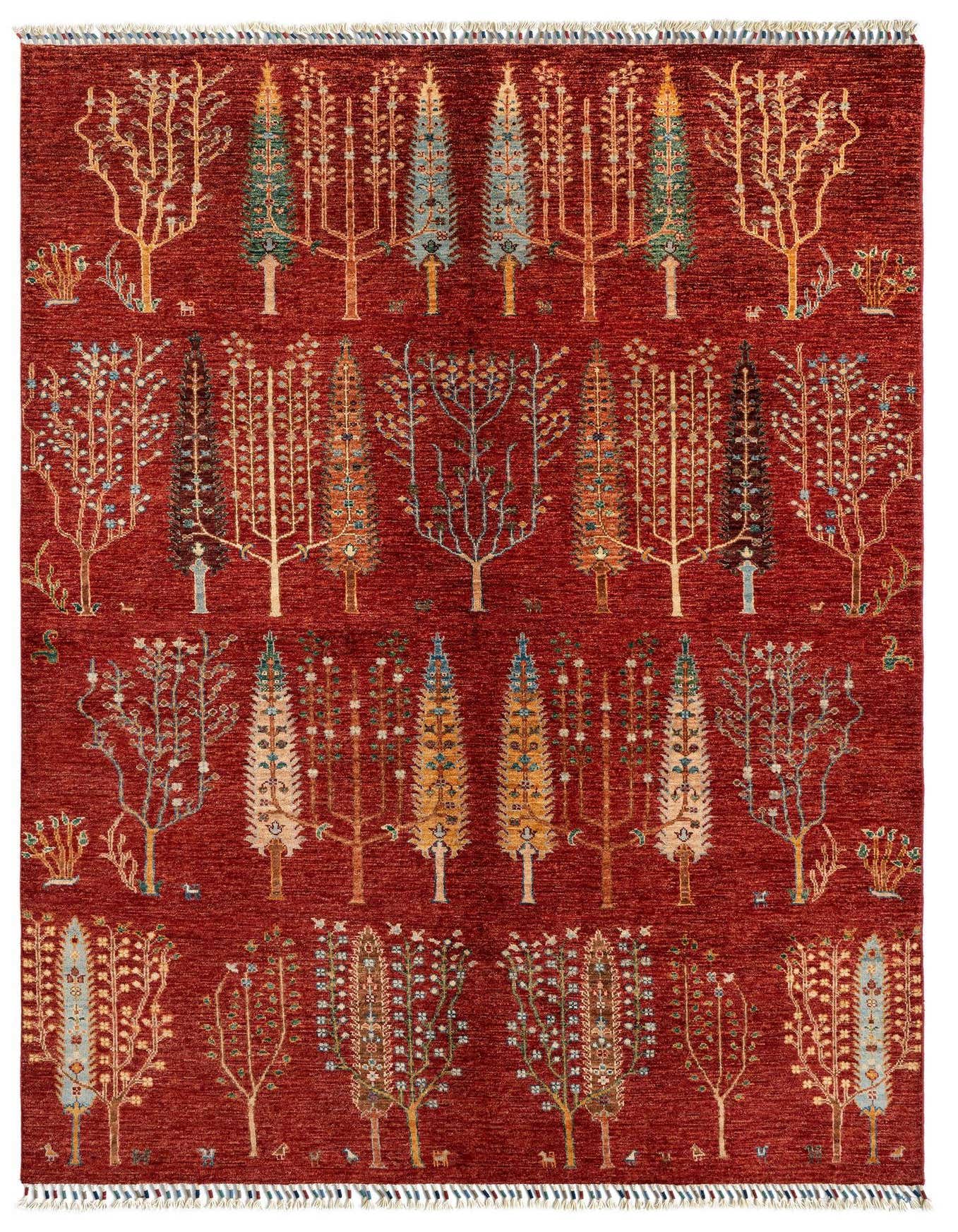 A 5x8 rectangular red Persian rug featuring an intricate tree of life pattern with various colorful trees and small animal motifs.