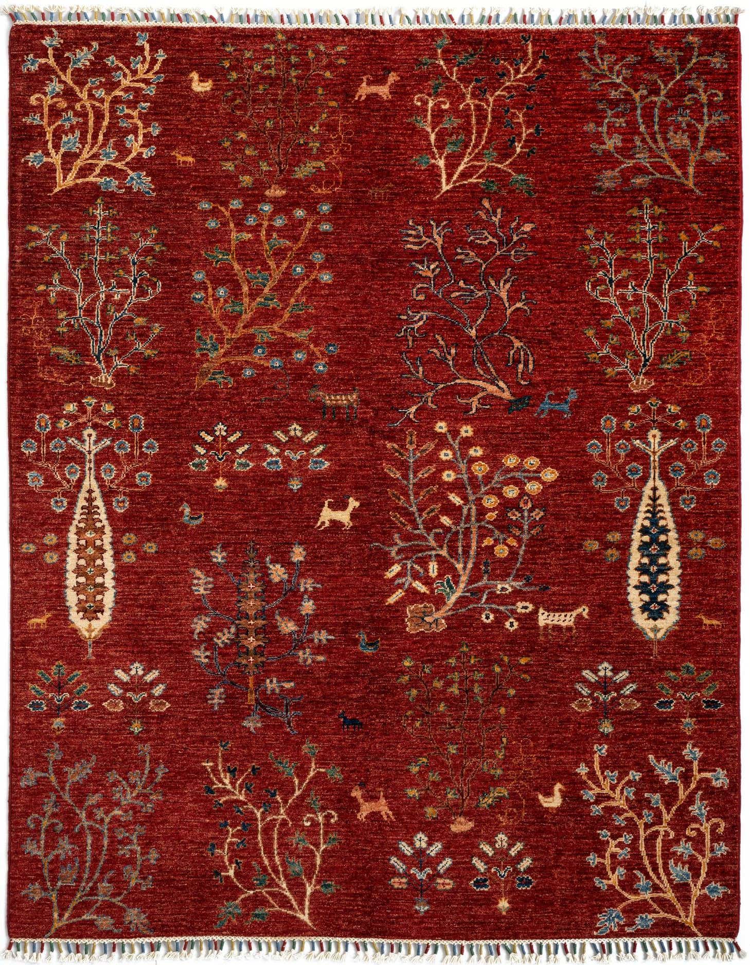 A 4x6 rectangular red Persian rug with an intricate Tree of Life pattern featuring various animals and floral motifs, handmade from wool.