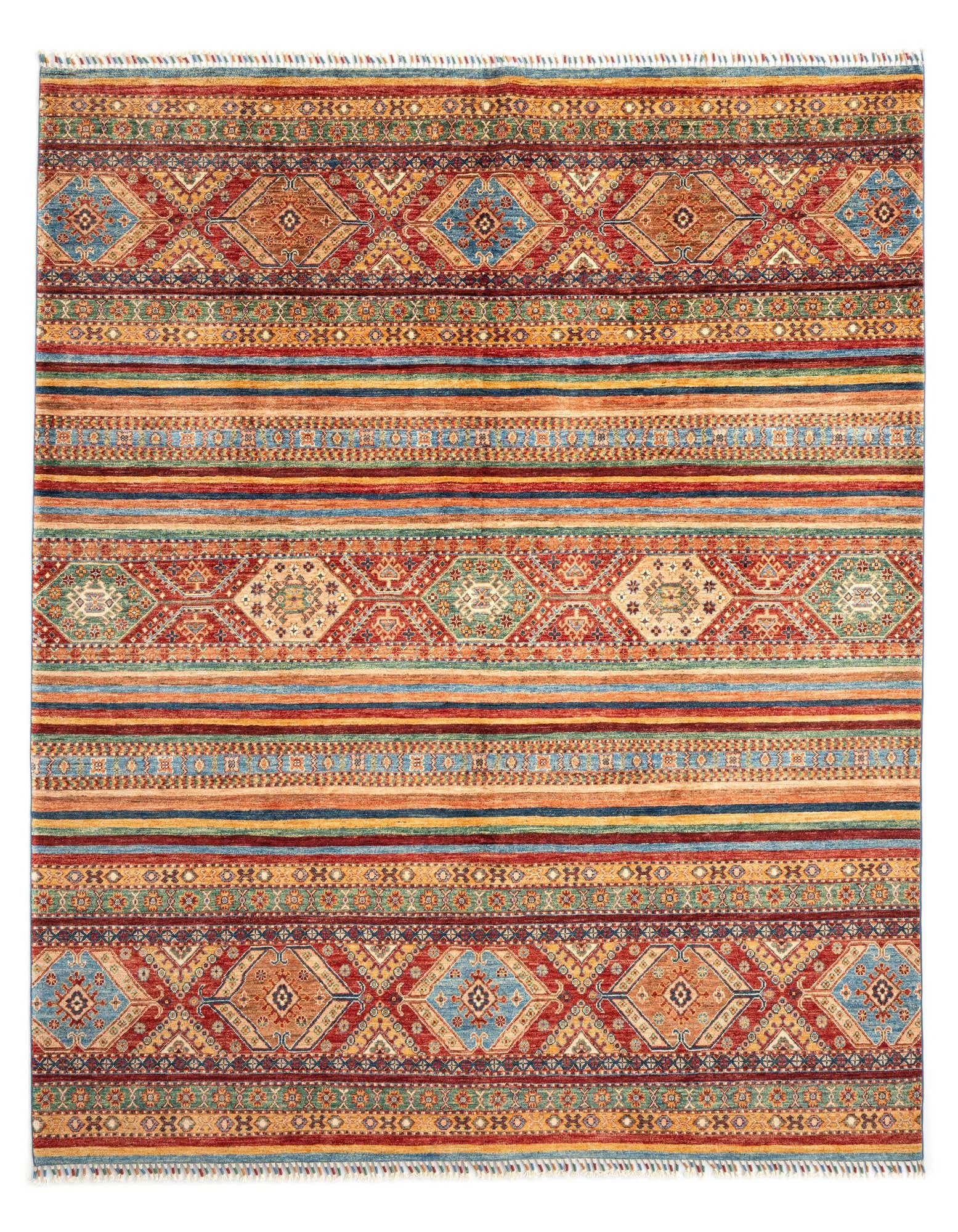 A vibrant 8x10 rectangular Persian rug featuring intricate geometric patterns in reds, blues, oranges, and greens, ideal for a living room.