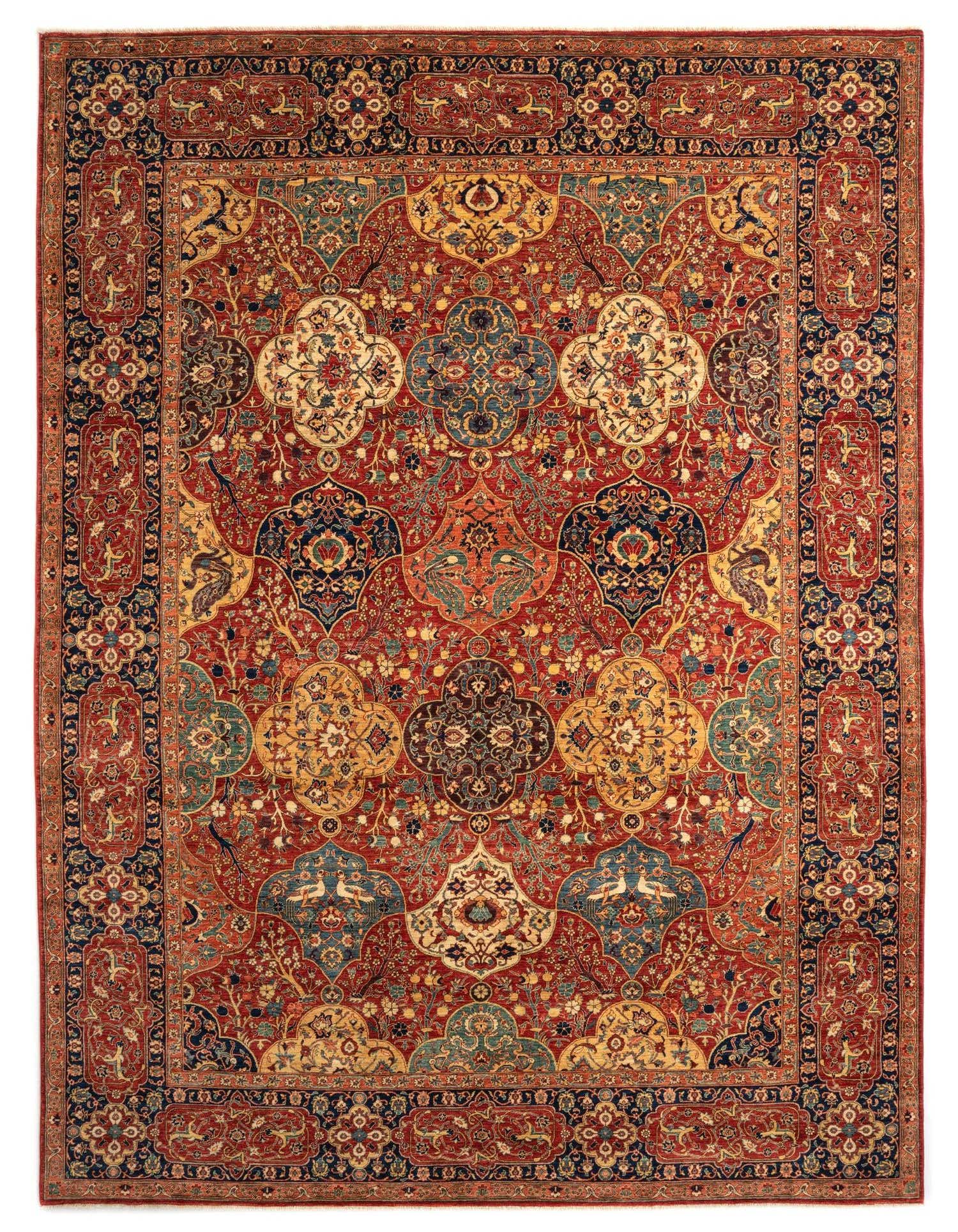 A 9x12 rectangular red Persian rug with intricate floral and medallion patterns in blue, gold, and cream.