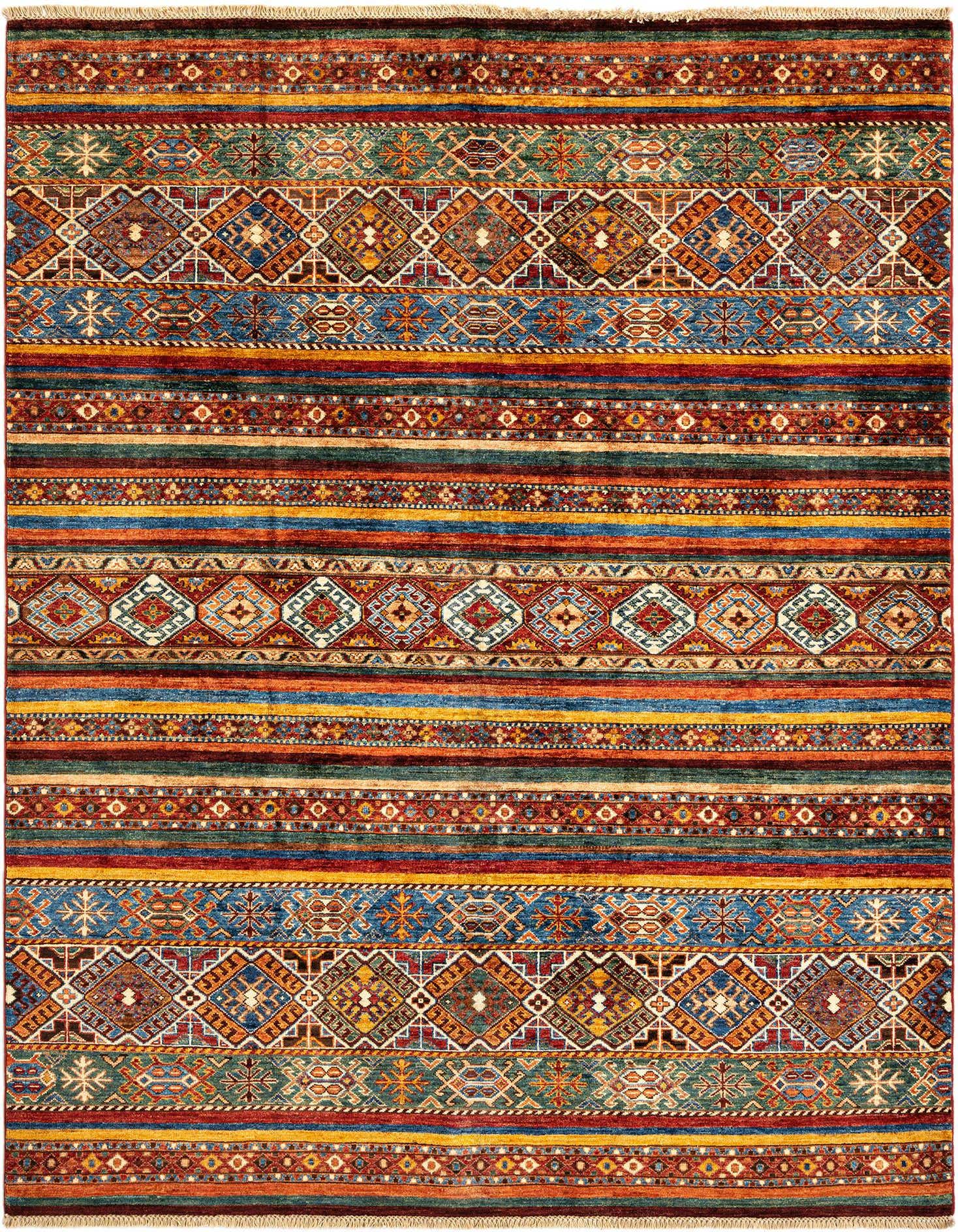 A 5x8 rectangular Ariana Ziegler Persian rug with intricate striped patterns in red, blue, gold, and green.