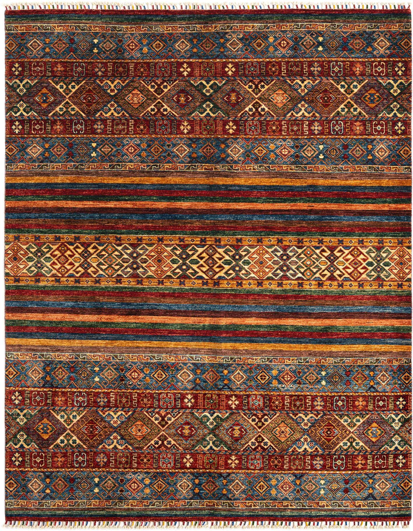 A rectangular 5x8 Ariana Ziegler Persian rug with rich reds, blues, and golds in intricate striped and geometric patterns.