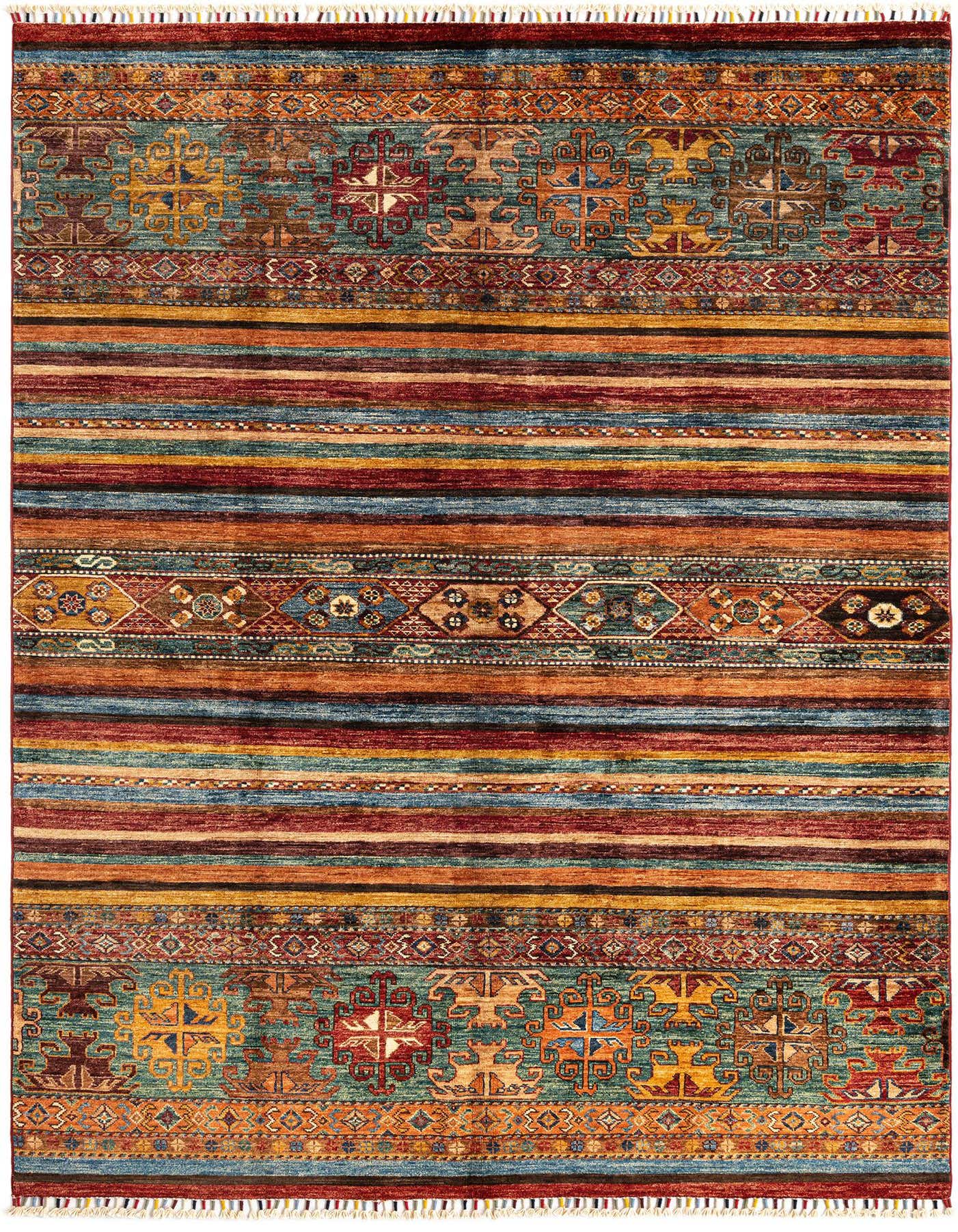 A 5x8 rectangular Ariana Ziegler Persian rug featuring vibrant red, blue, and gold stripes with intricate traditional patterns.