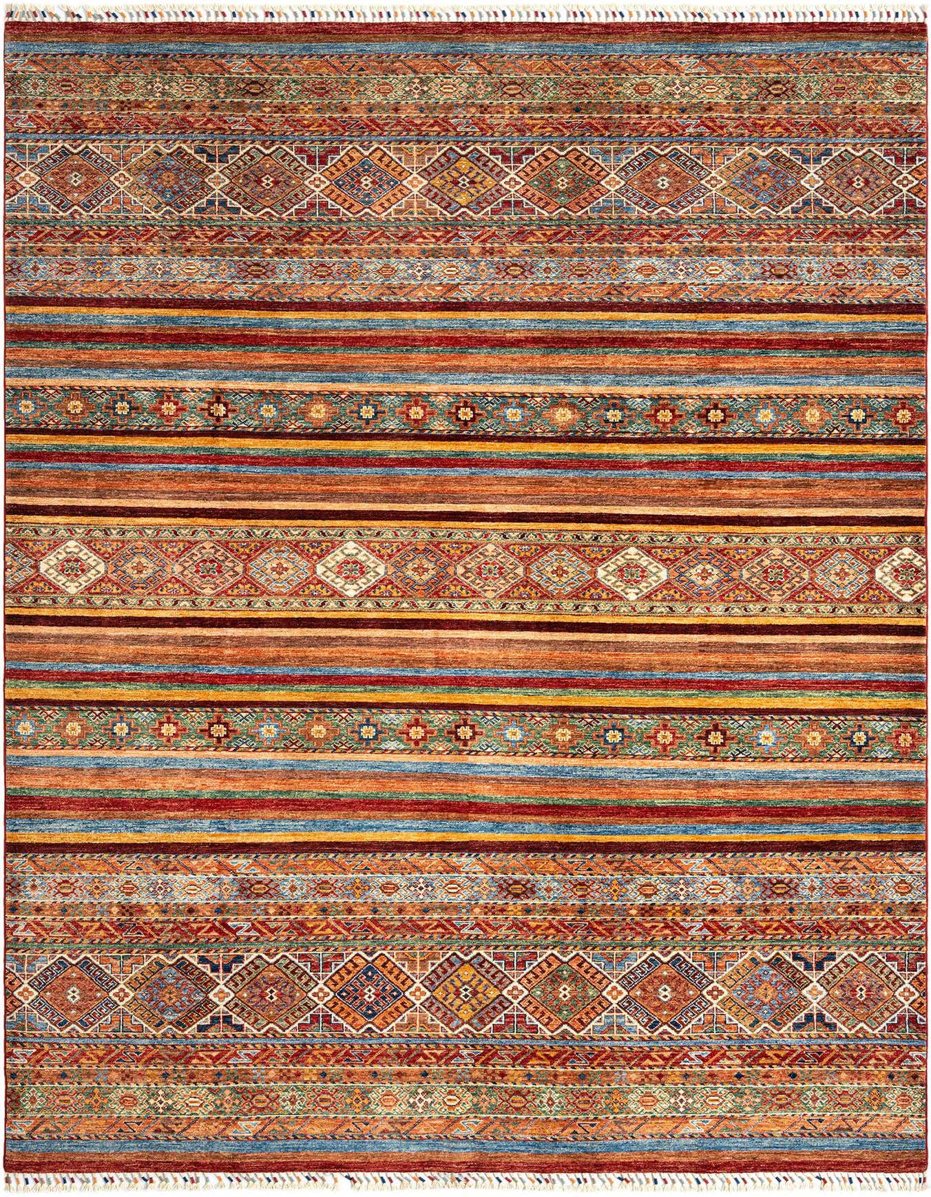 A 7x10 rectangular Ariana Ziegler wool rug featuring a vibrant Oriental pattern with stripes and geometric motifs in reds, blues, and oranges.