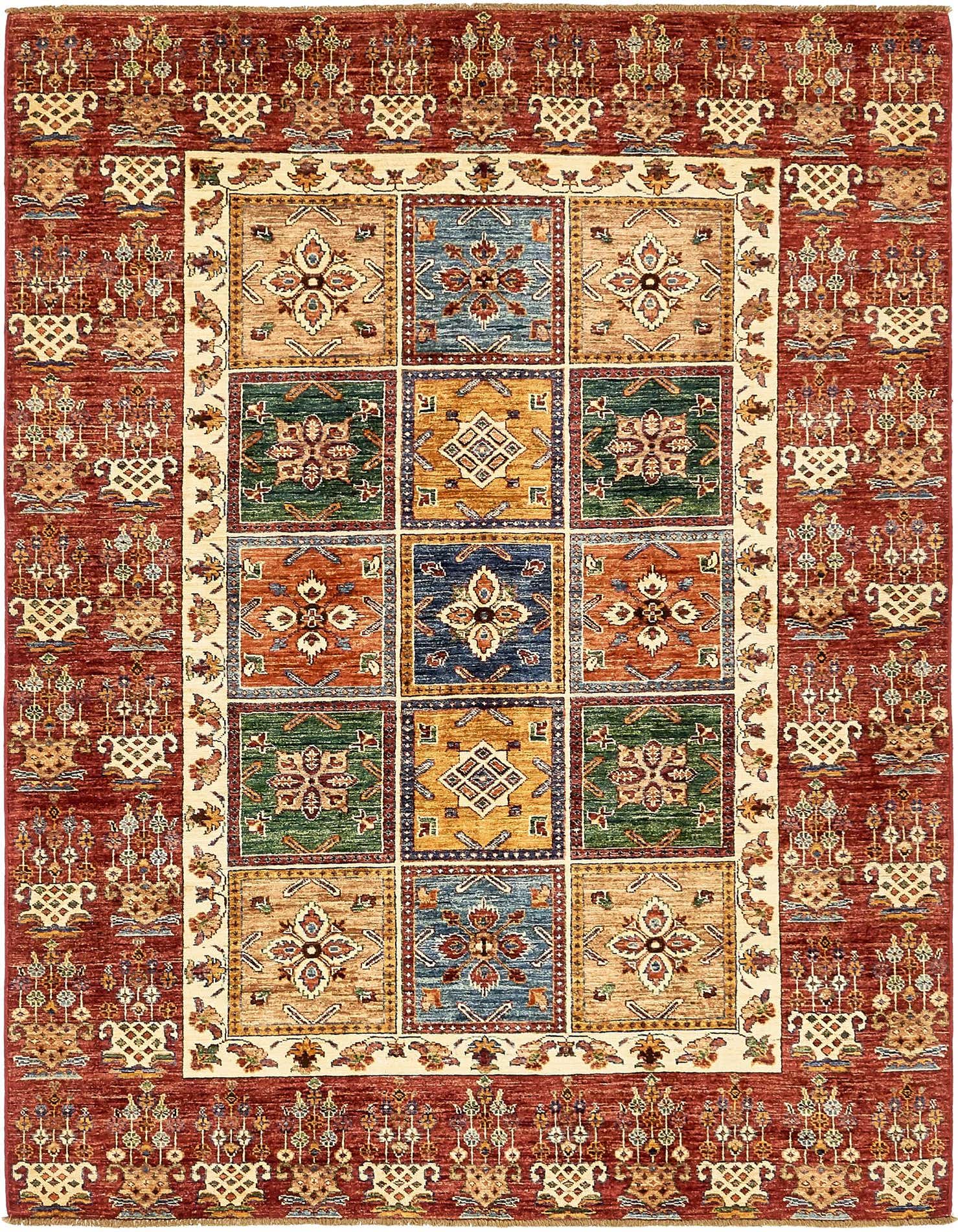 A 6x9 rectangular Ariana Ziegler rug featuring a rich red border with botanical motifs and a central grid of colorful traditional squares.