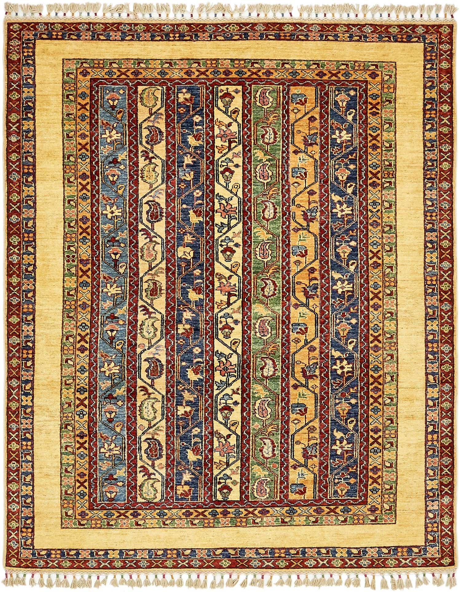 A rectangular 4x6 Ariana Ziegler wool rug with a traditional botanical stripe pattern in reds, blues, greens, and gold.