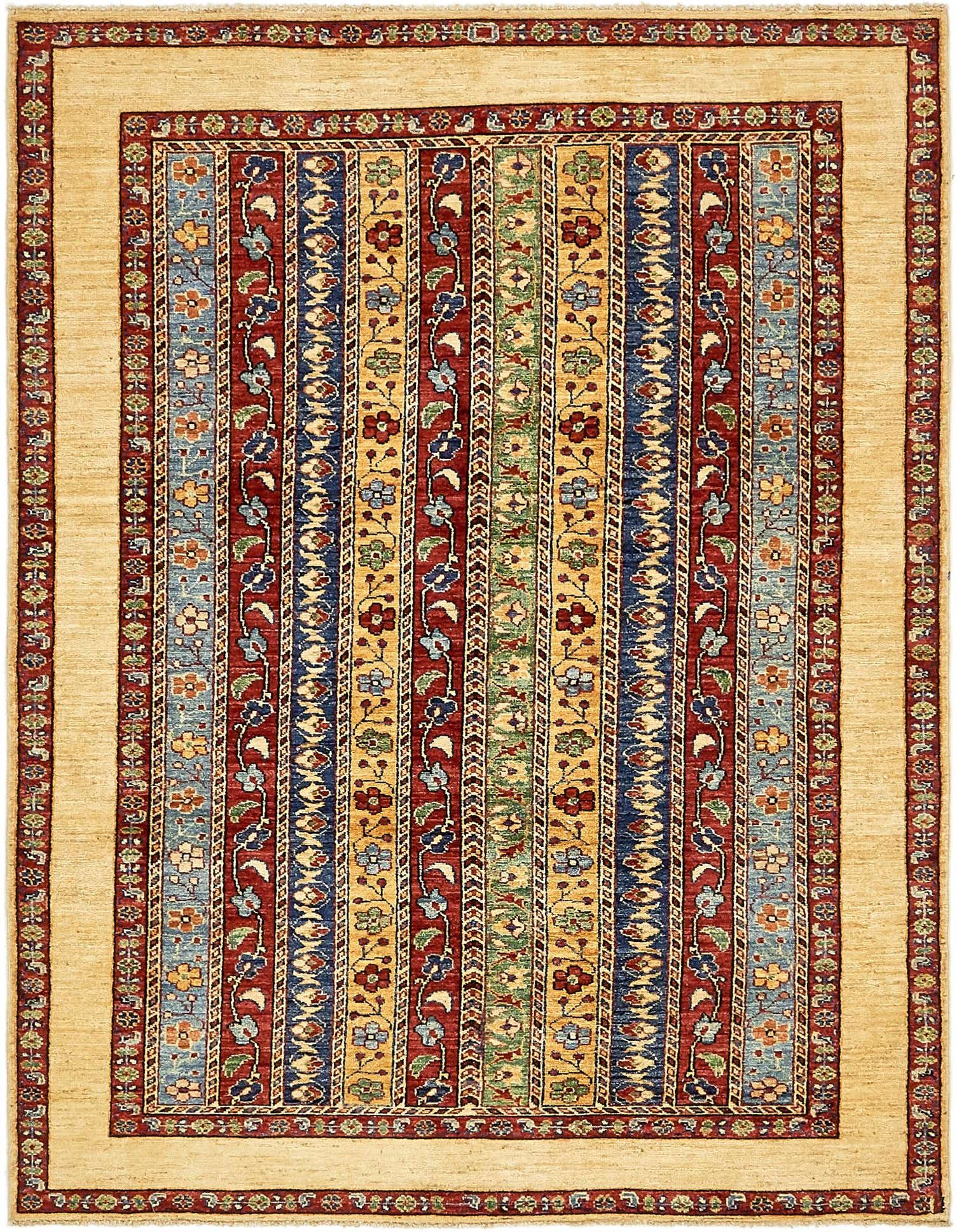 A 4x6 rectangular Ariana Ziegler rug featuring a traditional striped pattern with botanical motifs in red, blue, green, and gold on a cream background.