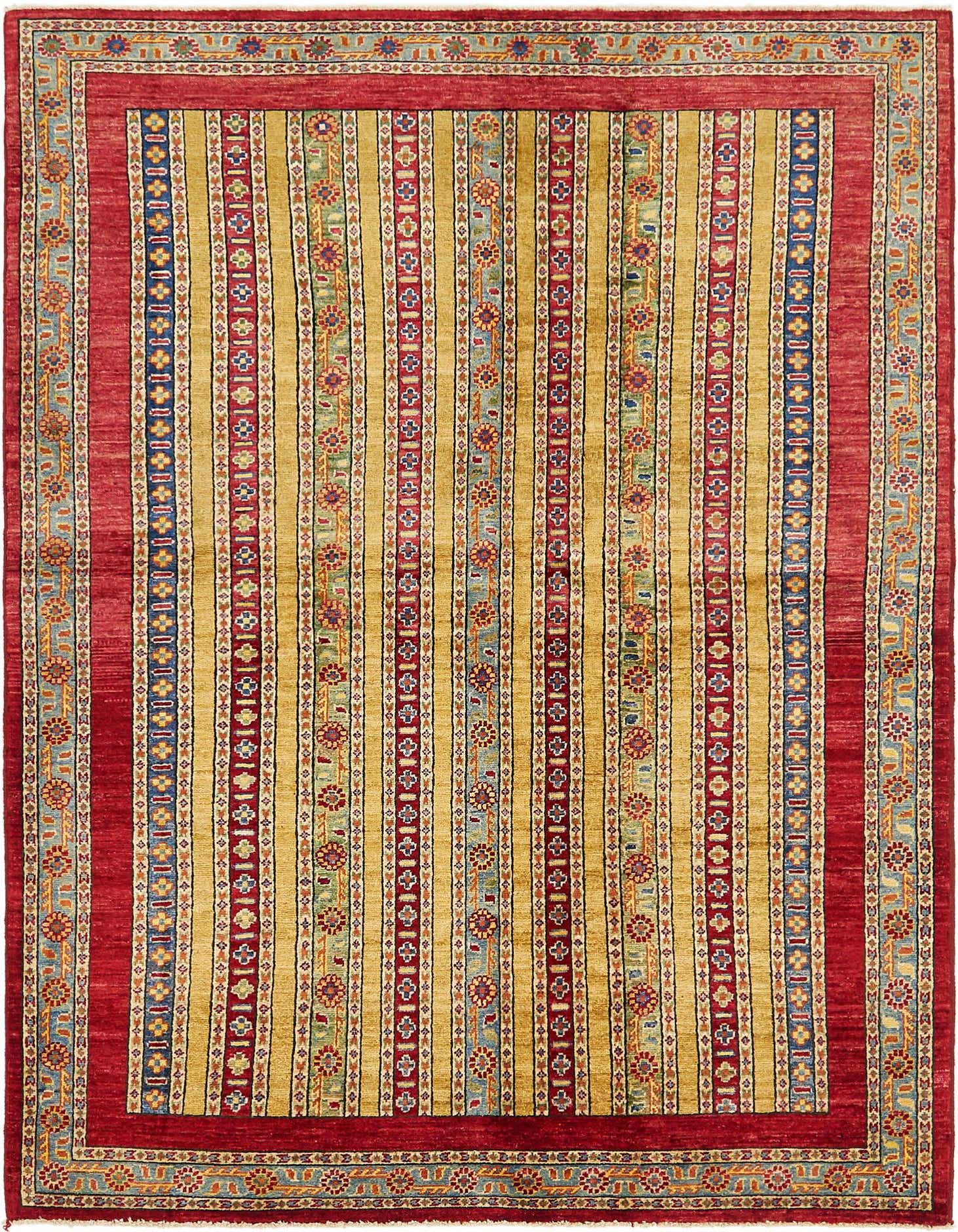 A 5x7 rectangular Ariana Ziegler rug featuring a bold red border and a central field of vertical gold, red, and blue striped patterns with intricate floral motifs.