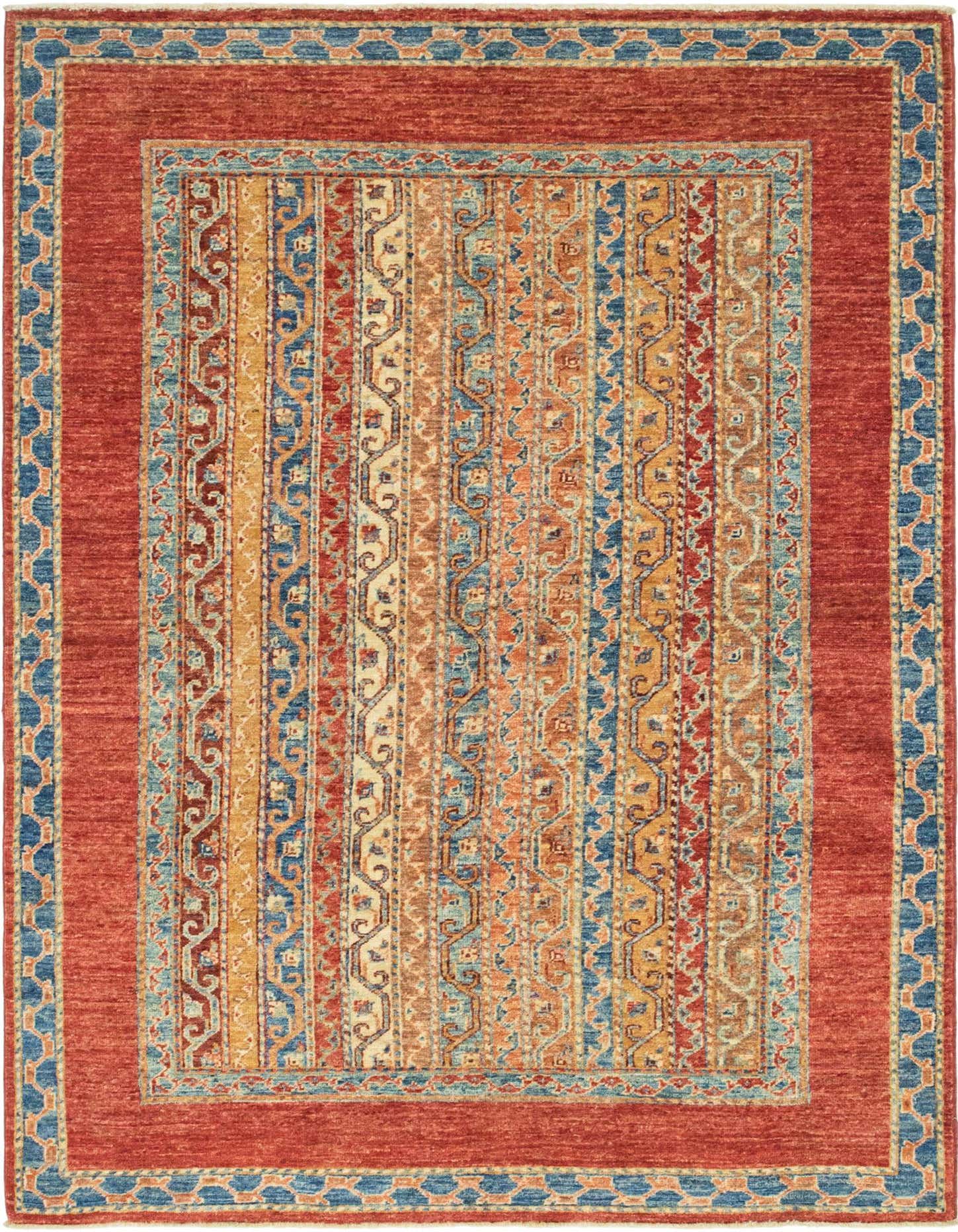 A 4x6 rectangular Ariana Ziegler rug featuring a red field with a central panel of colorful tribal stripes in blues, oranges, and creams, framed by a blue geometric border.