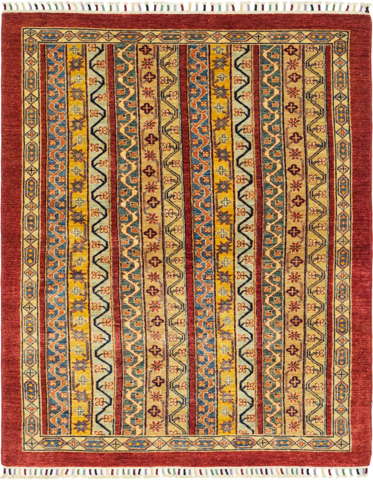 A 4x6 rectangular Ariana Ziegler rug featuring traditional tribal stripes in red, gold, blue, and cream, with a solid red border.