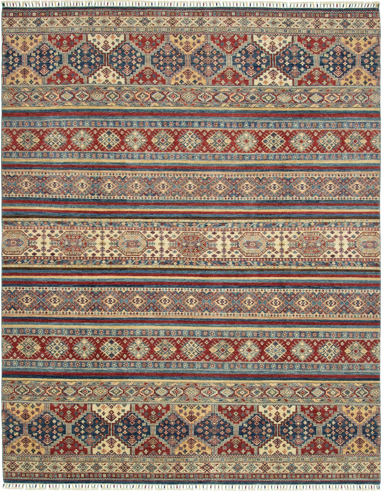 A 9x12 rectangular Ariana Ziegler rug featuring traditional Oriental stripe patterns in rich reds, blues, and creams.
