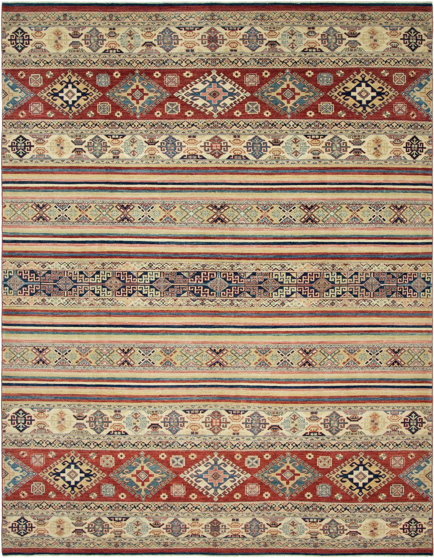 A 10x14 rectangular Ariana Ziegler rug featuring traditional Oriental stripes in red, blue, and cream.
