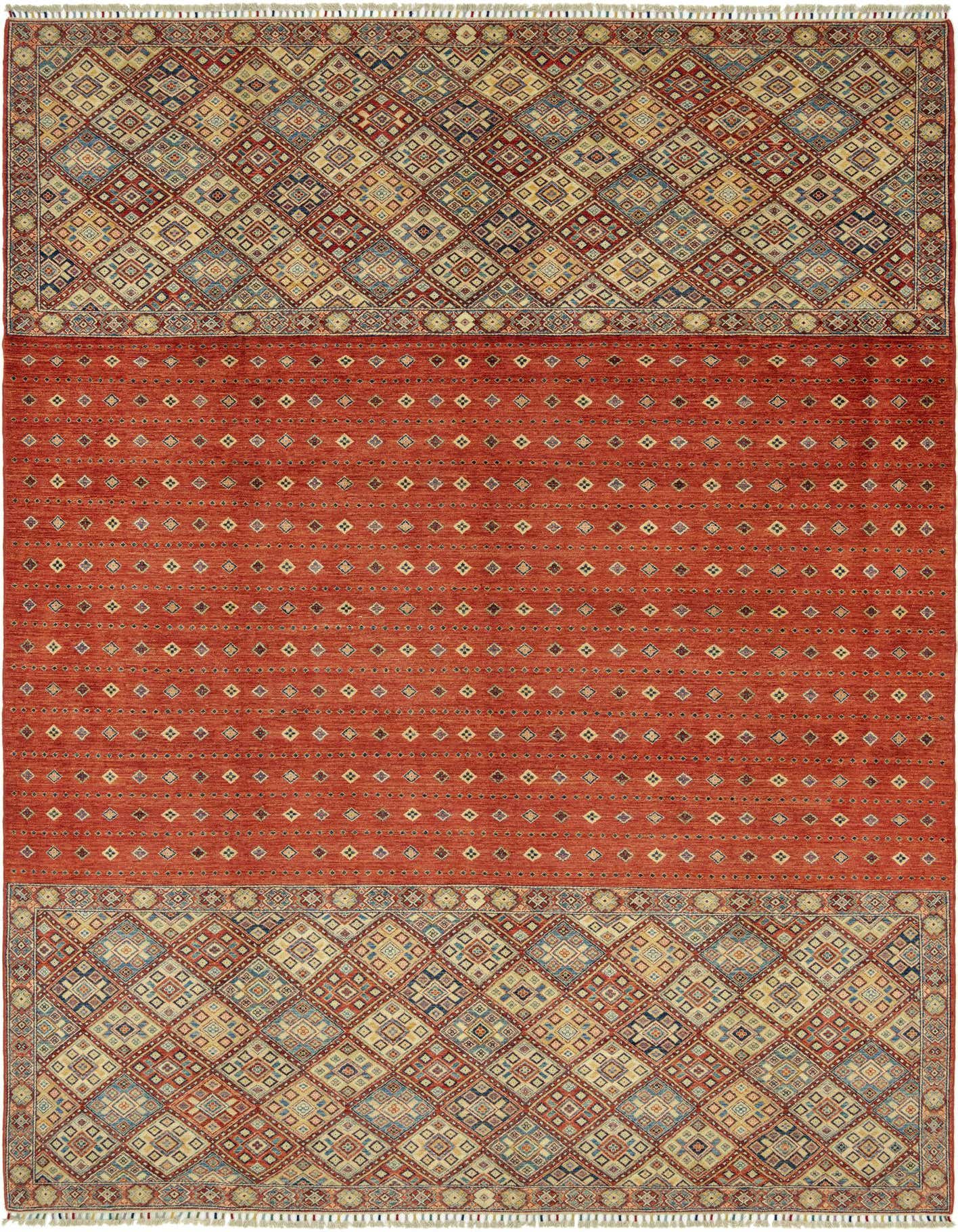 A 10x14 rectangular Ariana Ziegler wool rug featuring a central red field with small diamond patterns and elaborate traditional tribal borders.