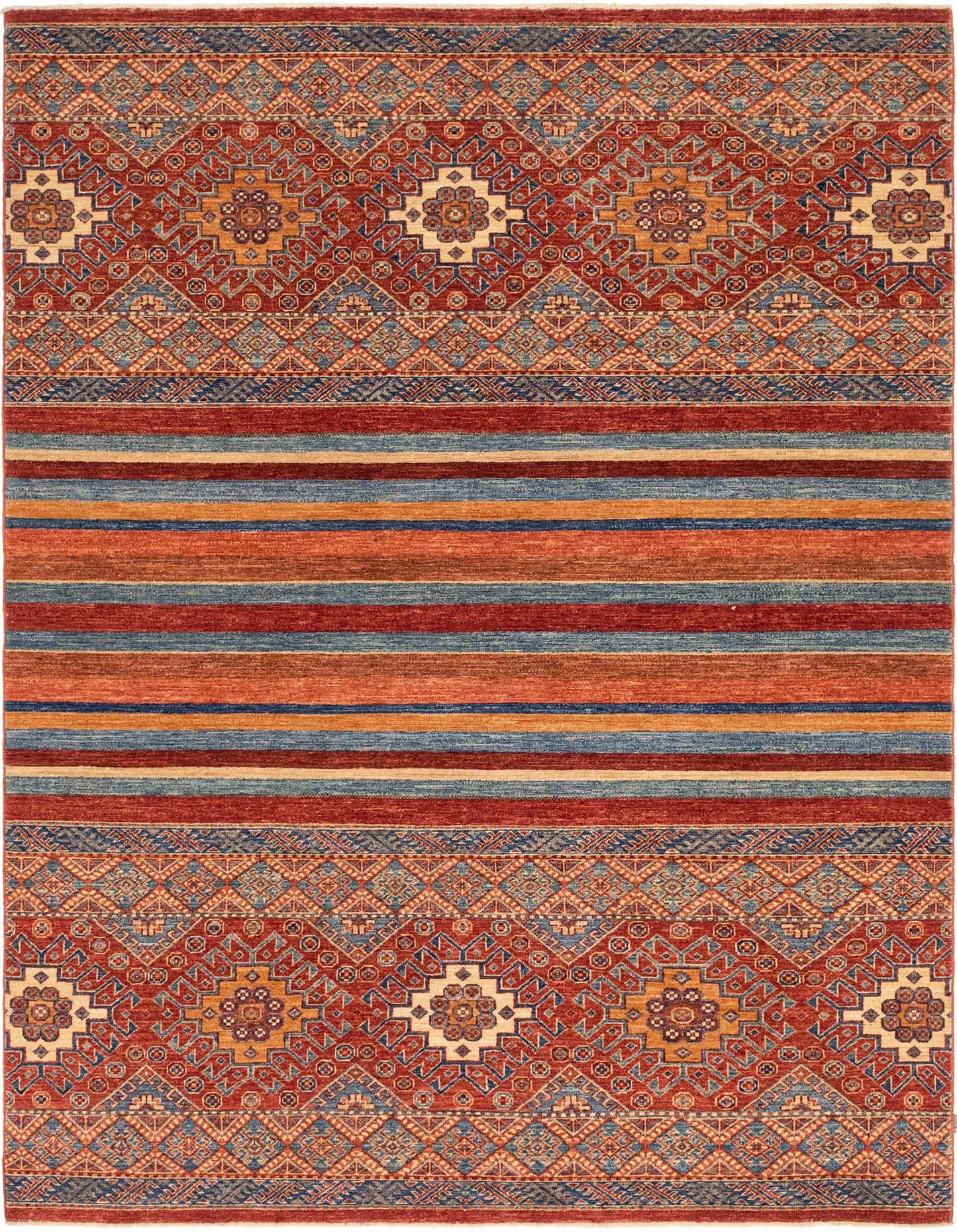 A 6x9 rectangular Ariana Ziegler rug featuring a Southwestern and tribal pattern with bold red and blue stripes, ideal for a living room.