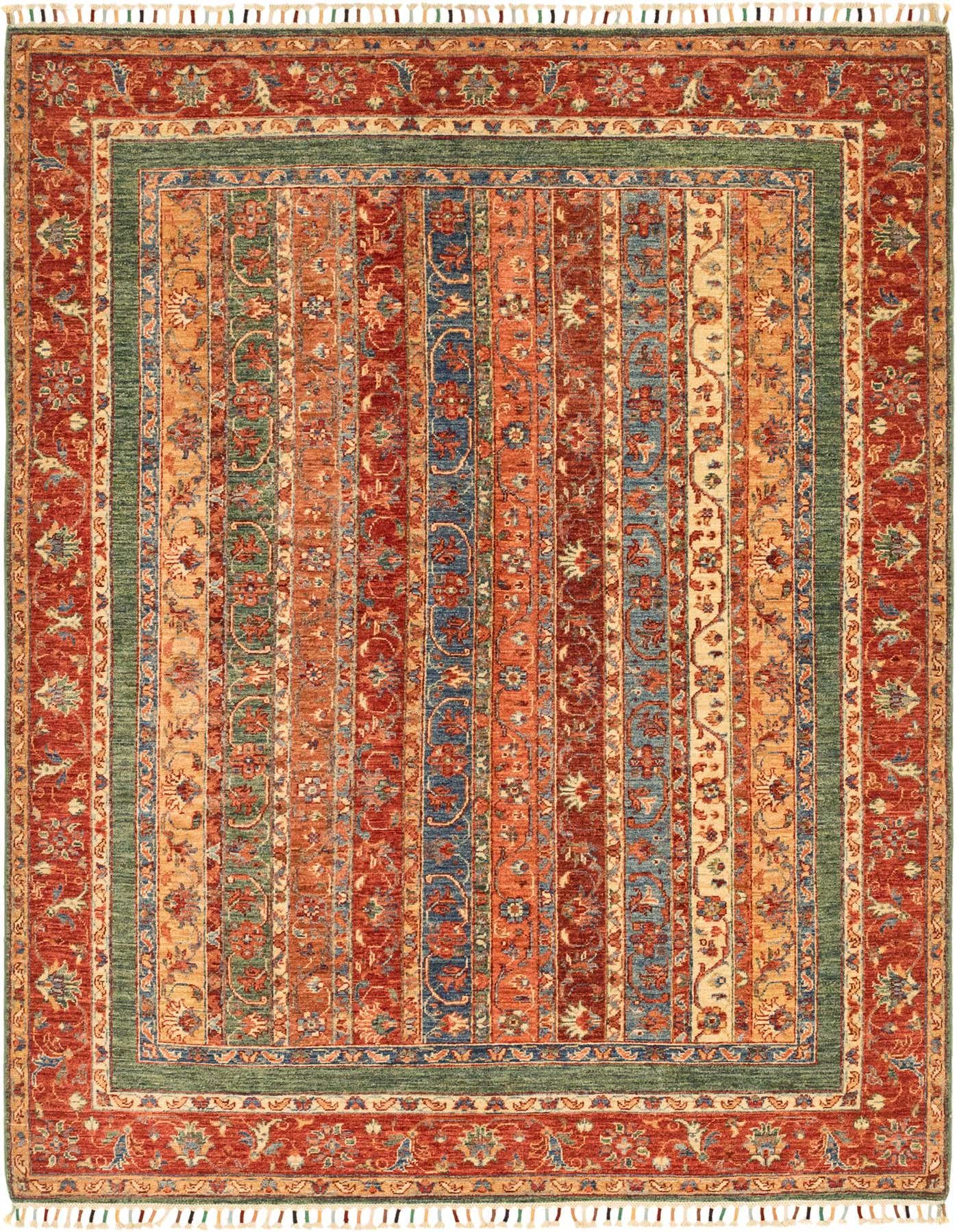 A 6x9 rectangular Ariana Ziegler rug featuring a Southwestern stripe pattern in various shades of red, blue, green, and orange, with a thin pile.