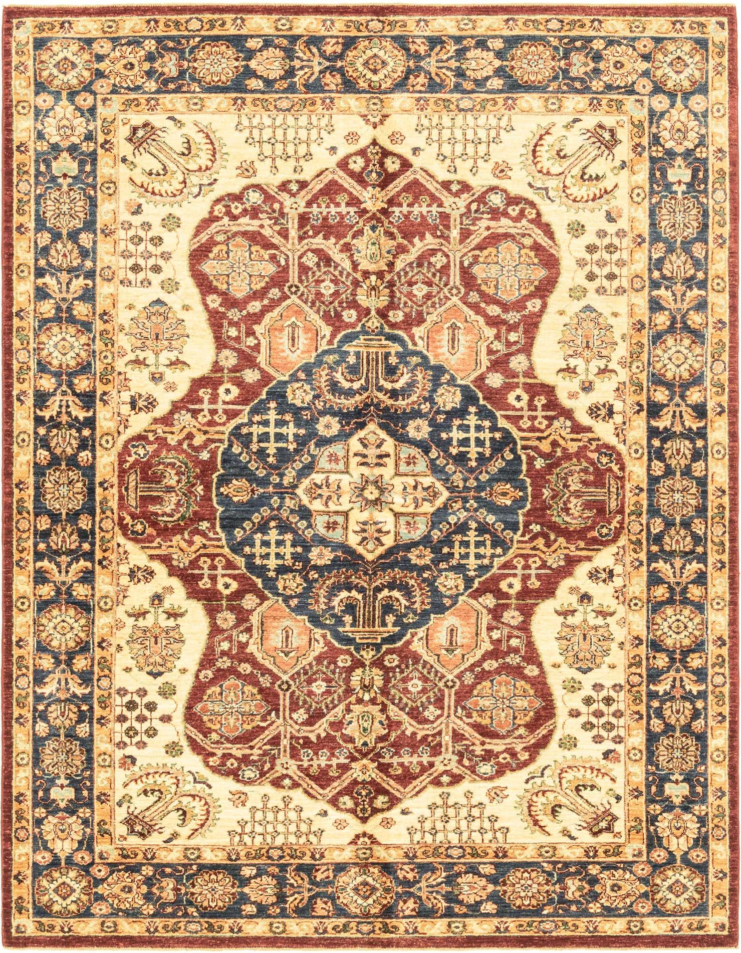 A 6x9 rectangular Ariana Ziegler wool rug featuring a red botanical medallion on a cream field with a navy border.