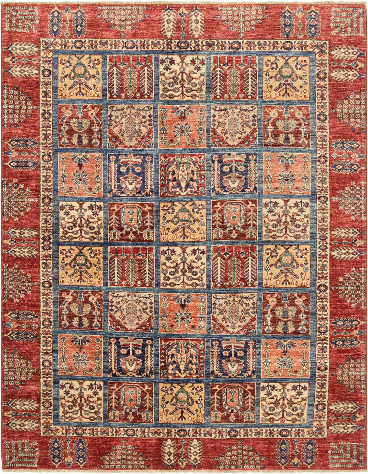 A 6x9 rectangular Ariana Ziegler rug featuring a traditional Southwestern tribal pattern in reds, blues, and creams.