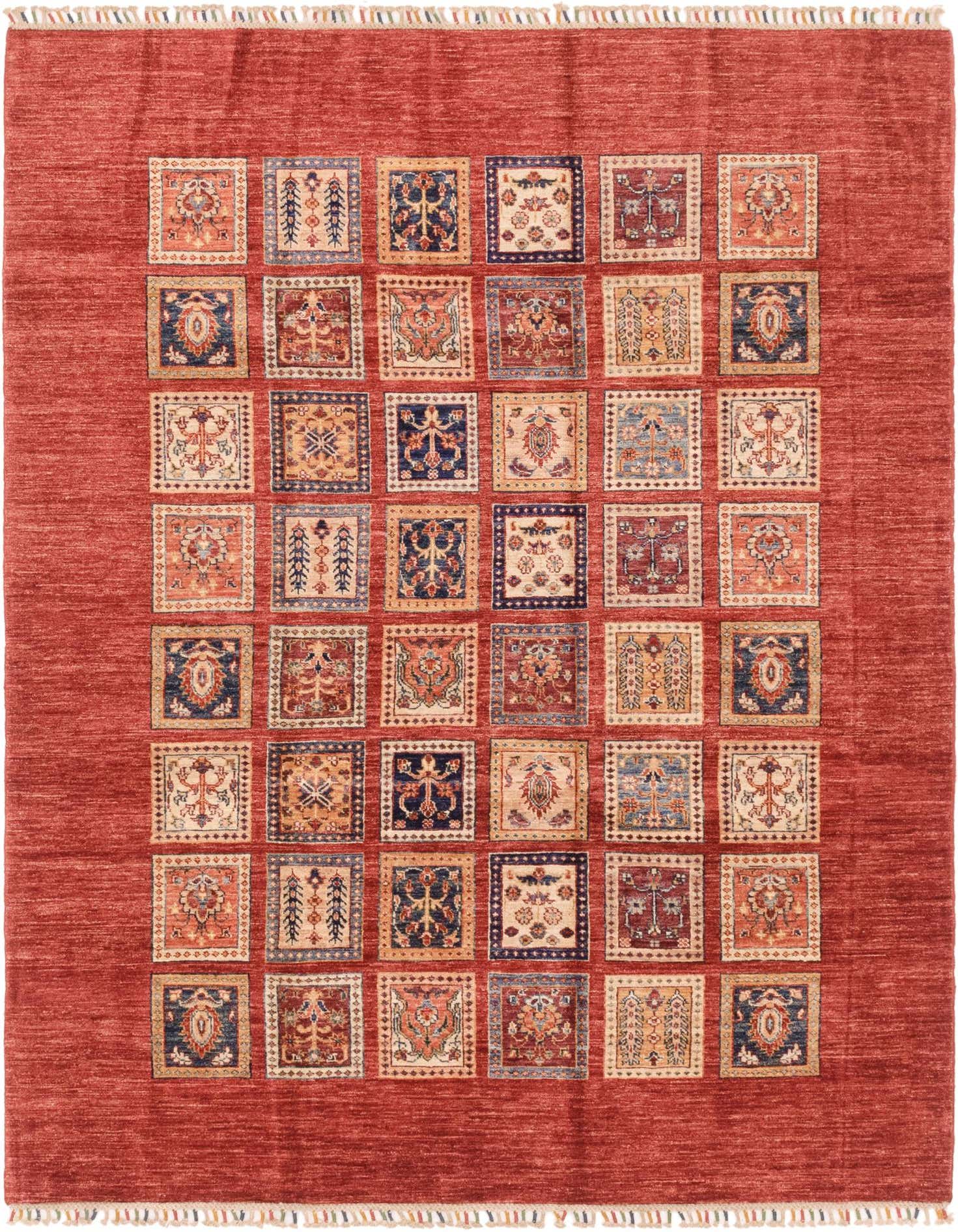 A 6x9 rectangular red Ariana Ziegler rug with a grid of traditional tribal patterns in various colors, perfect for a living room.