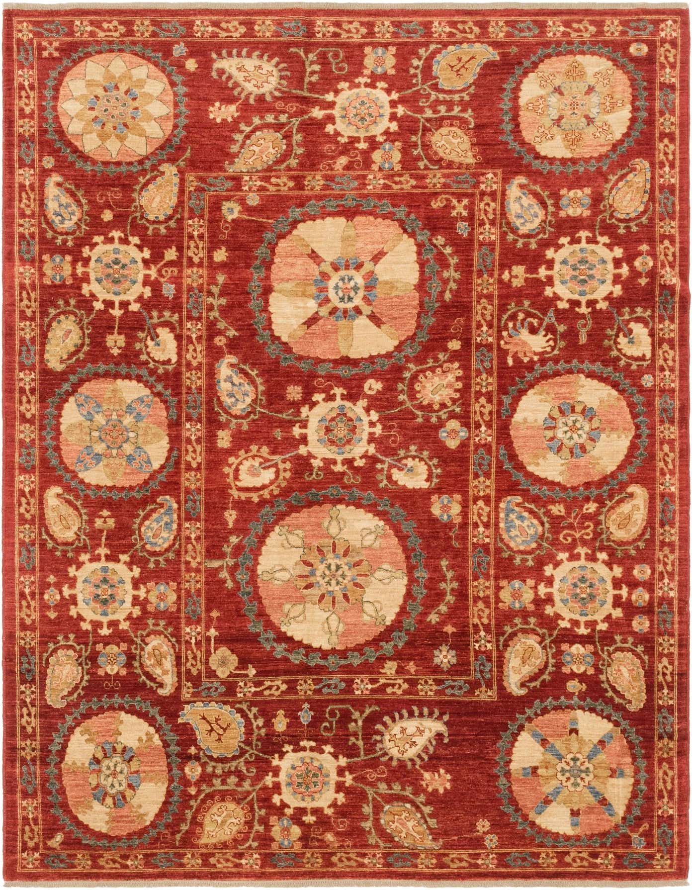 A 6x9 rectangular Ariana Ziegler rug in deep red with intricate botanical and medallion patterns in cream, blue, and peach.