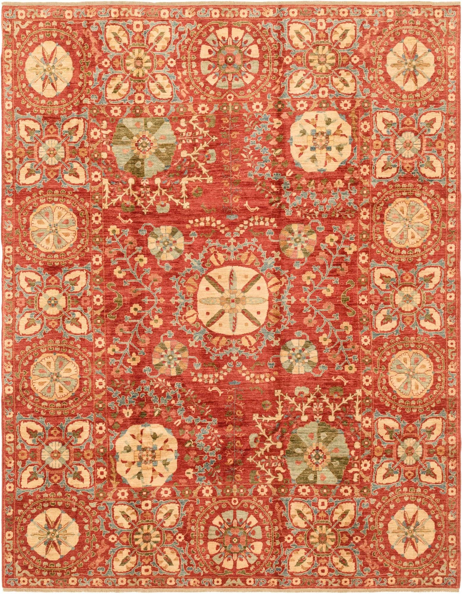 A 6x9 rectangular Ariana Ziegler tribal rug in rich reds, featuring intricate oriental medallions and floral patterns in cream, blue, and green.