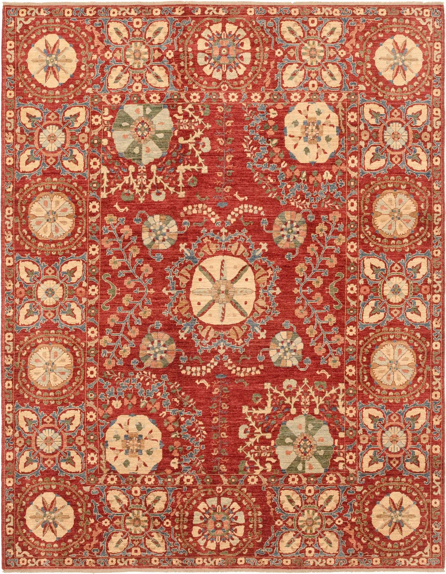 A 6x9 rectangular Ariana Ziegler rug in traditional red, tribal patterns, and floral medallions, ideal for a living room.
