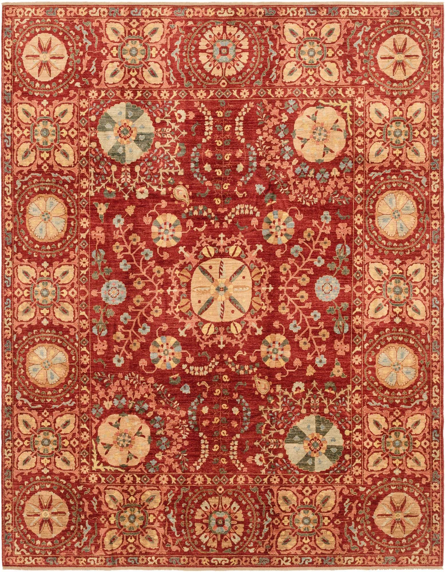A 9x12 rectangular Ariana Ziegler rug in traditional red with intricate tribal floral and medallion patterns in gold, blue, and green.