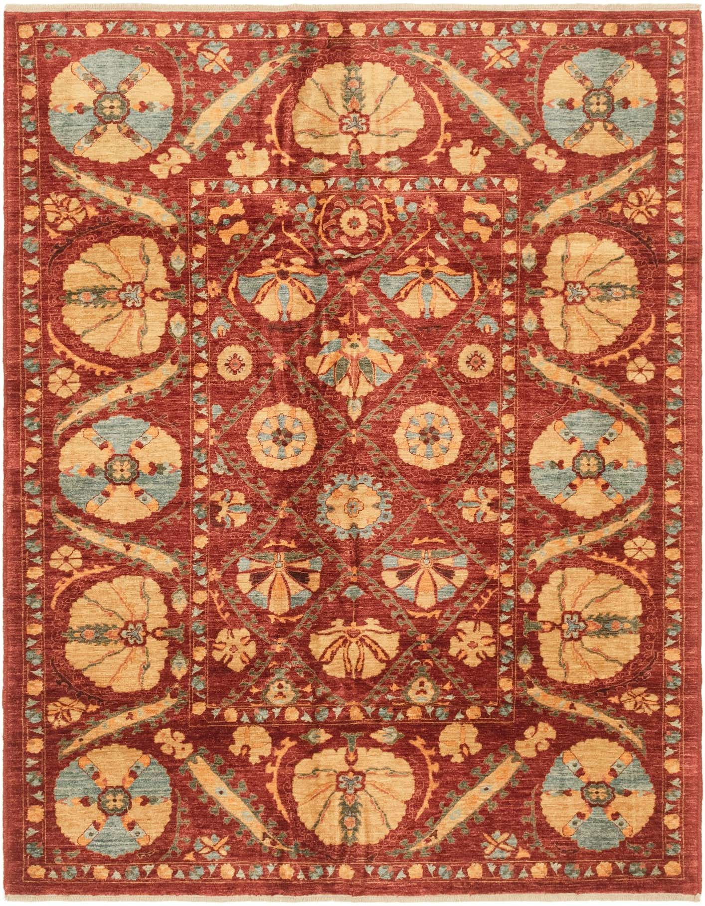 A 6x9 rectangular Ariana Ziegler rug featuring a rich red background with intricate gold, blue, and green tribal and oriental floral patterns.
