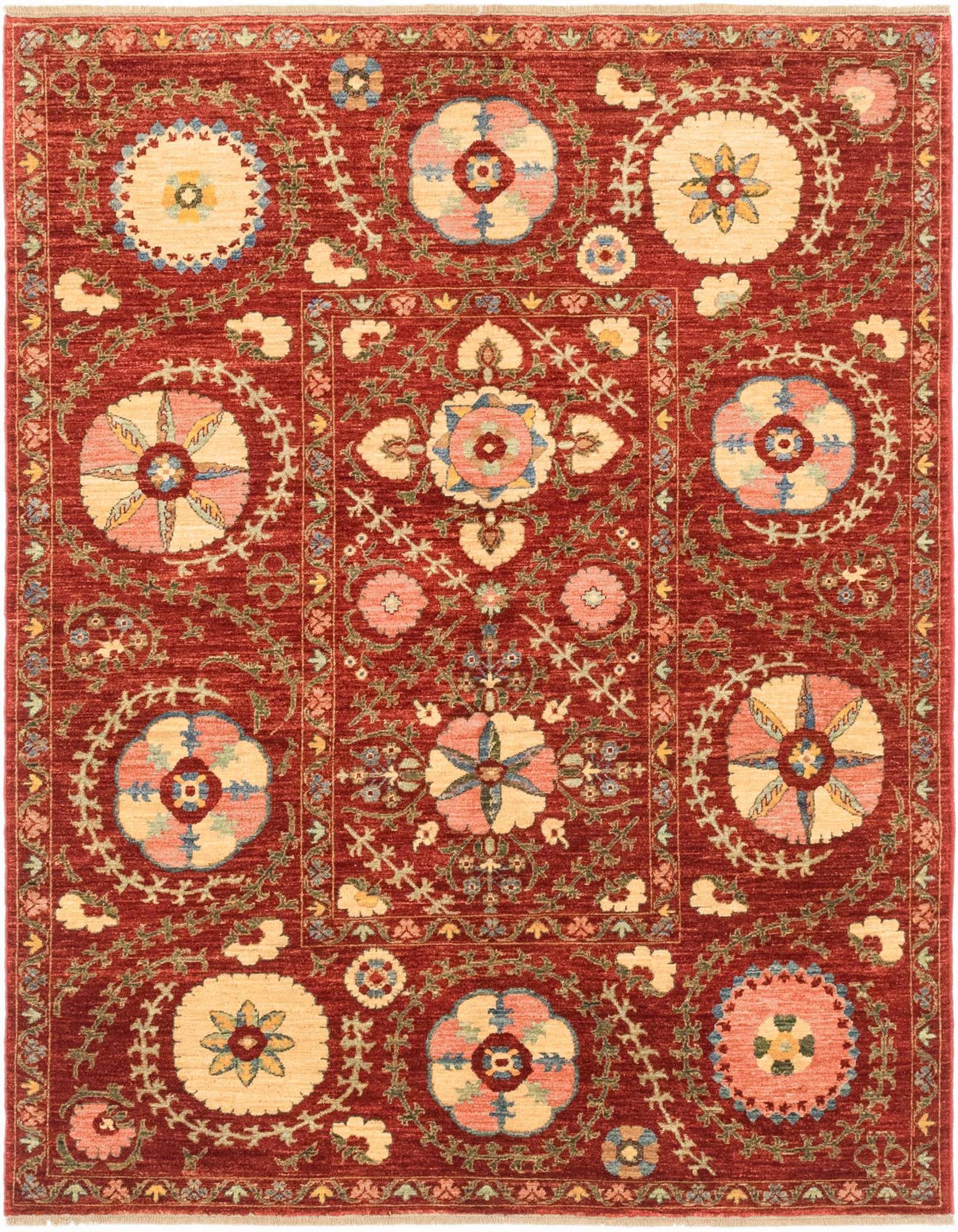 A 4x6 rectangular red traditional rug with a detailed tribal floral pattern in cream, blue, and pink.