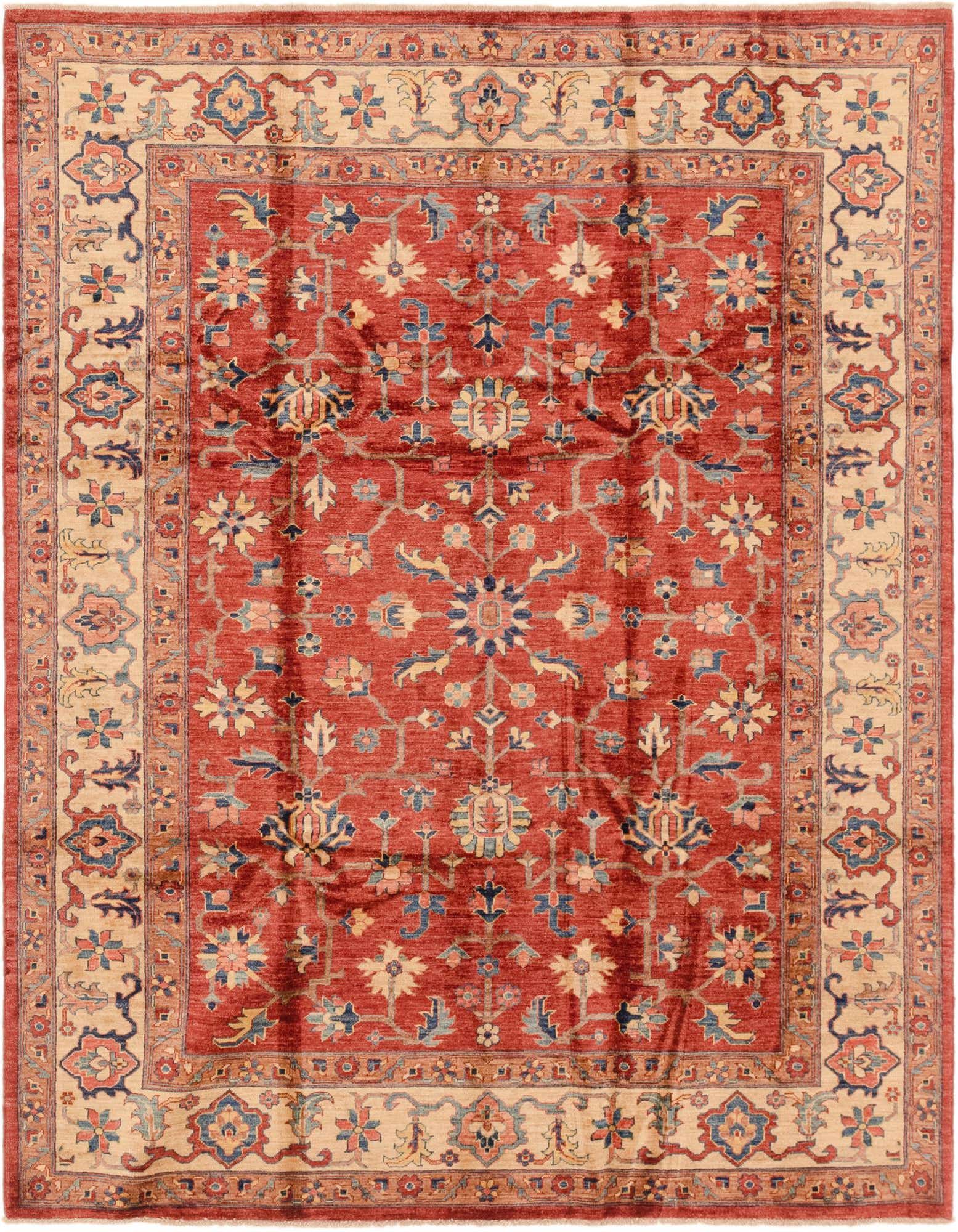 A 6x9 rectangular red and beige traditional Ariana Ziegler rug with intricate floral and tribal patterns.