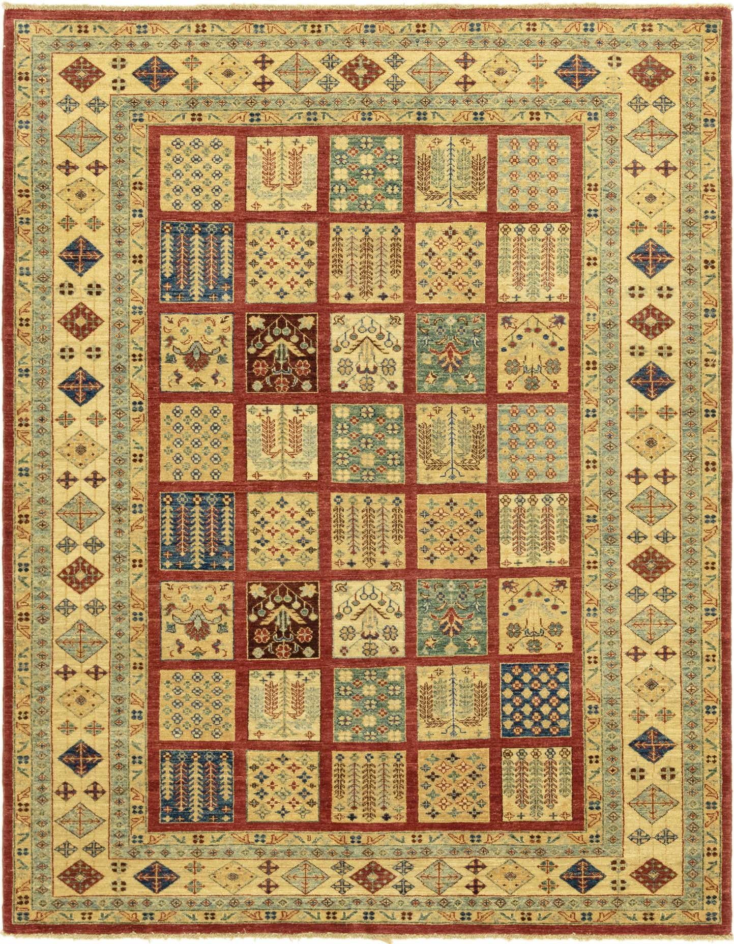 A 6x9 rectangular Ariana Ziegler rug featuring a red field with a grid of diverse traditional and tribal motifs in cream, blue, and green, framed by a cream border with geometric patterns.