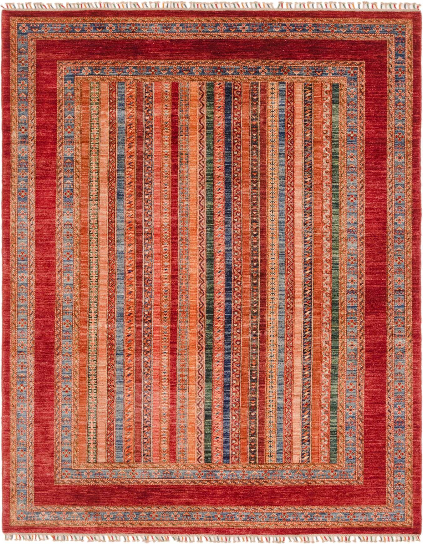 A 7x10 rectangular Ariana Ziegler rug featuring a wide red border and a central field of colorful vertical stripes in red, orange, blue, and green.