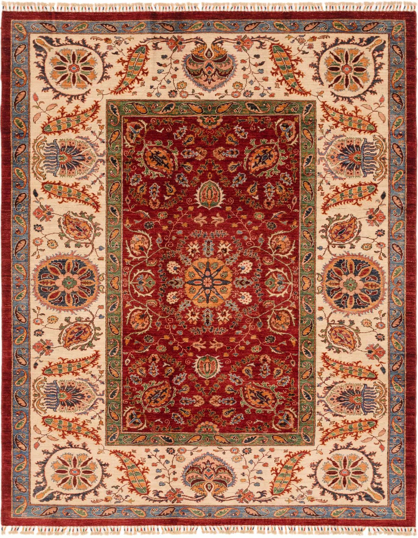 A 7x10 rectangular Ariana Ziegler rug featuring a red medallion center and an ivory border with traditional floral and paisley patterns.