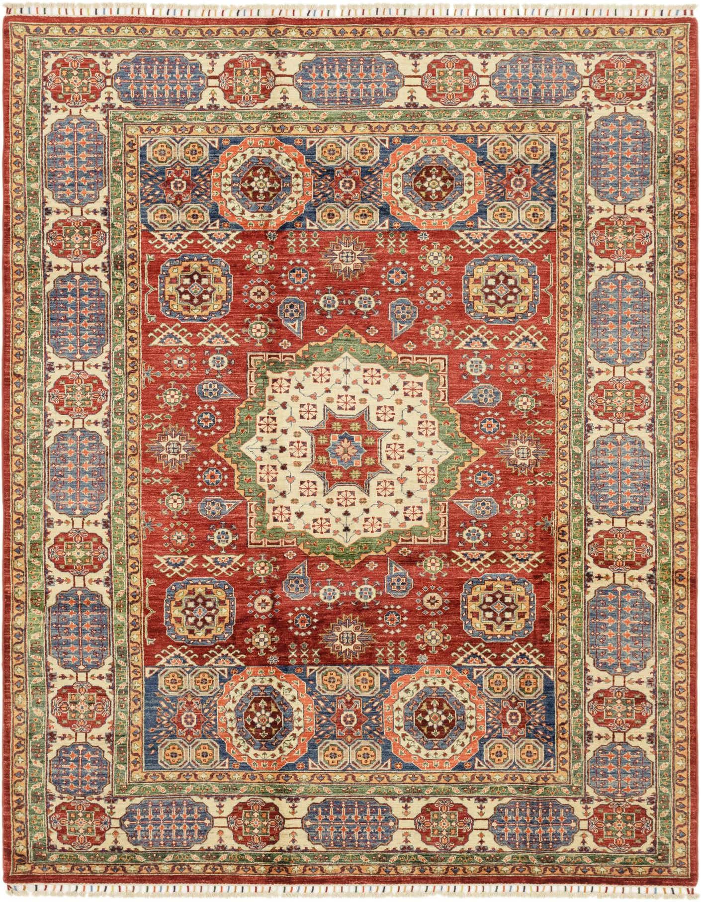 A 7x10 rectangular red traditional rug with a central medallion and tribal patterns in blue, green, and cream.