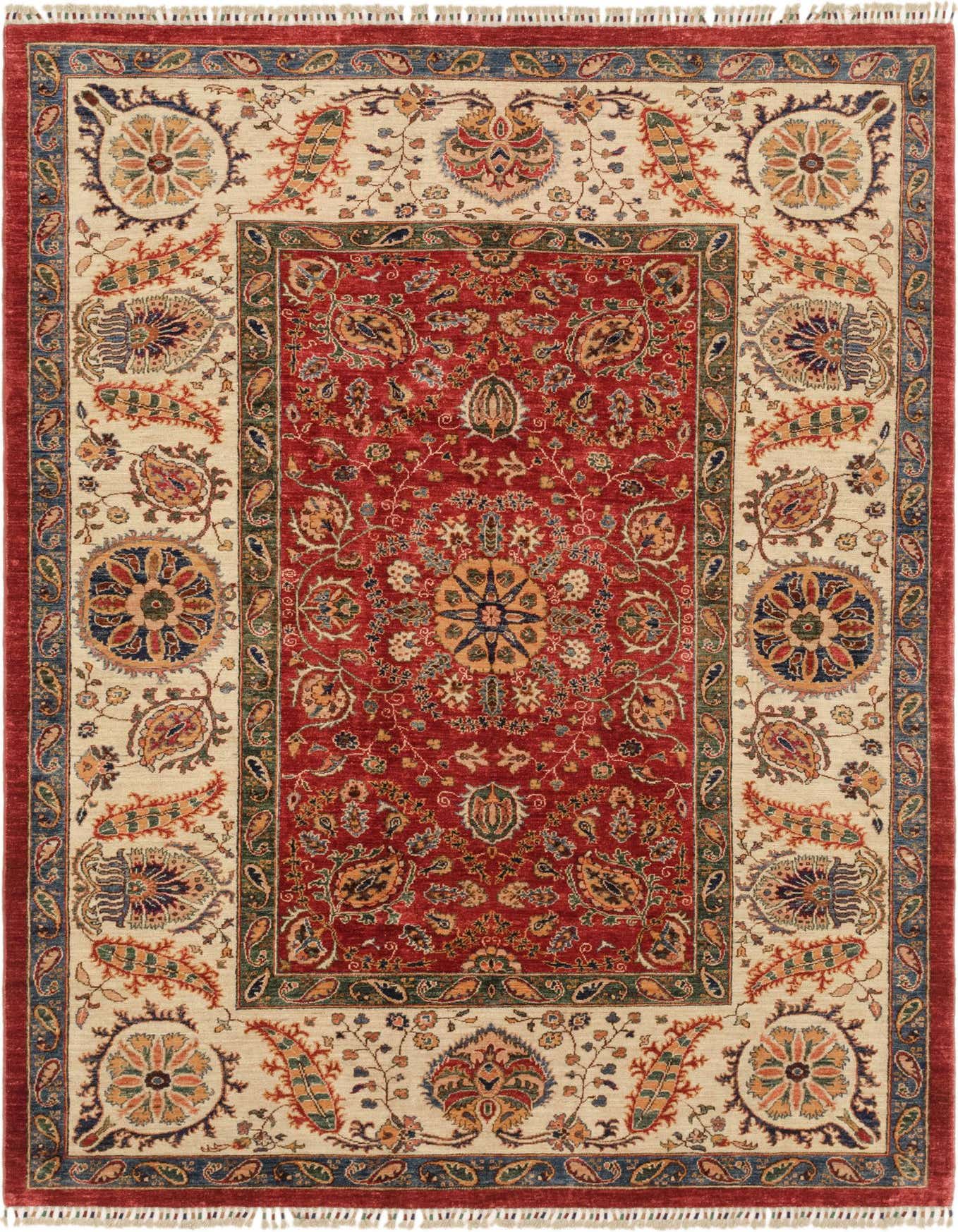 A 7x10 rectangular Ariana Ziegler rug featuring a red medallion center and a cream border with floral and tribal patterns.