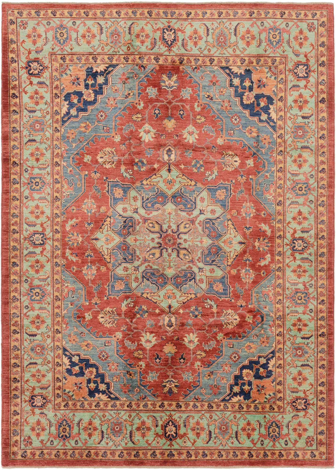 A 7x10 rectangular Ariana Ziegler rug featuring a traditional medallion pattern in reds, blues, and light green.