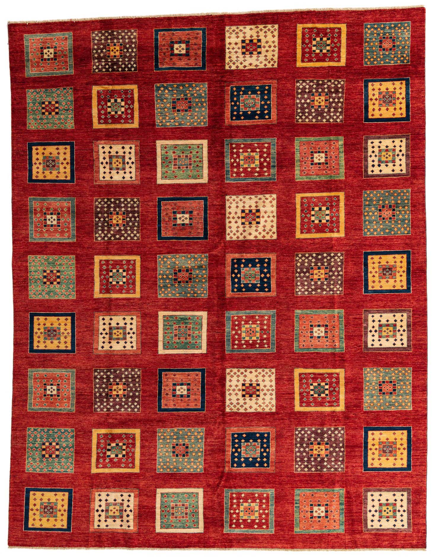 A 10x13 rectangular Ariana Ziegler rug featuring a rich red background with a grid of colorful traditional square patterns.